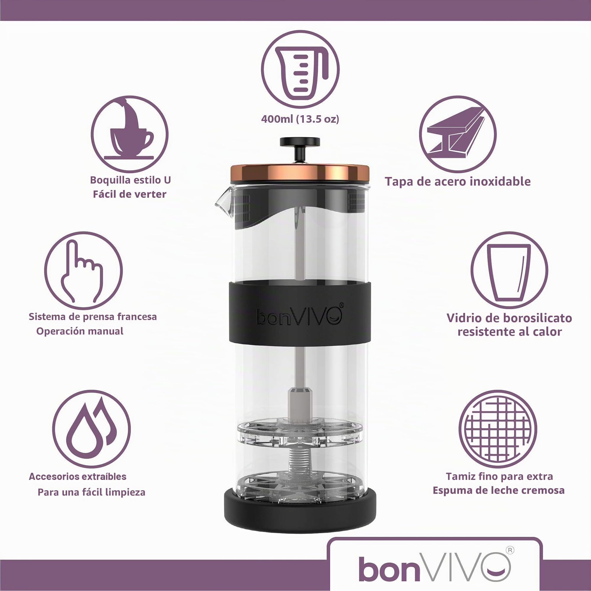 bonVIVO FOMO Espumador de Leche Manual – Acero Inoxidable y Cristal – Batidor Leche Espuma con Colador Malla Fina – Fácil Vertido – Capacidad 400ml – Para Cappuccino, Latte y Matcha – Tapa Cobre