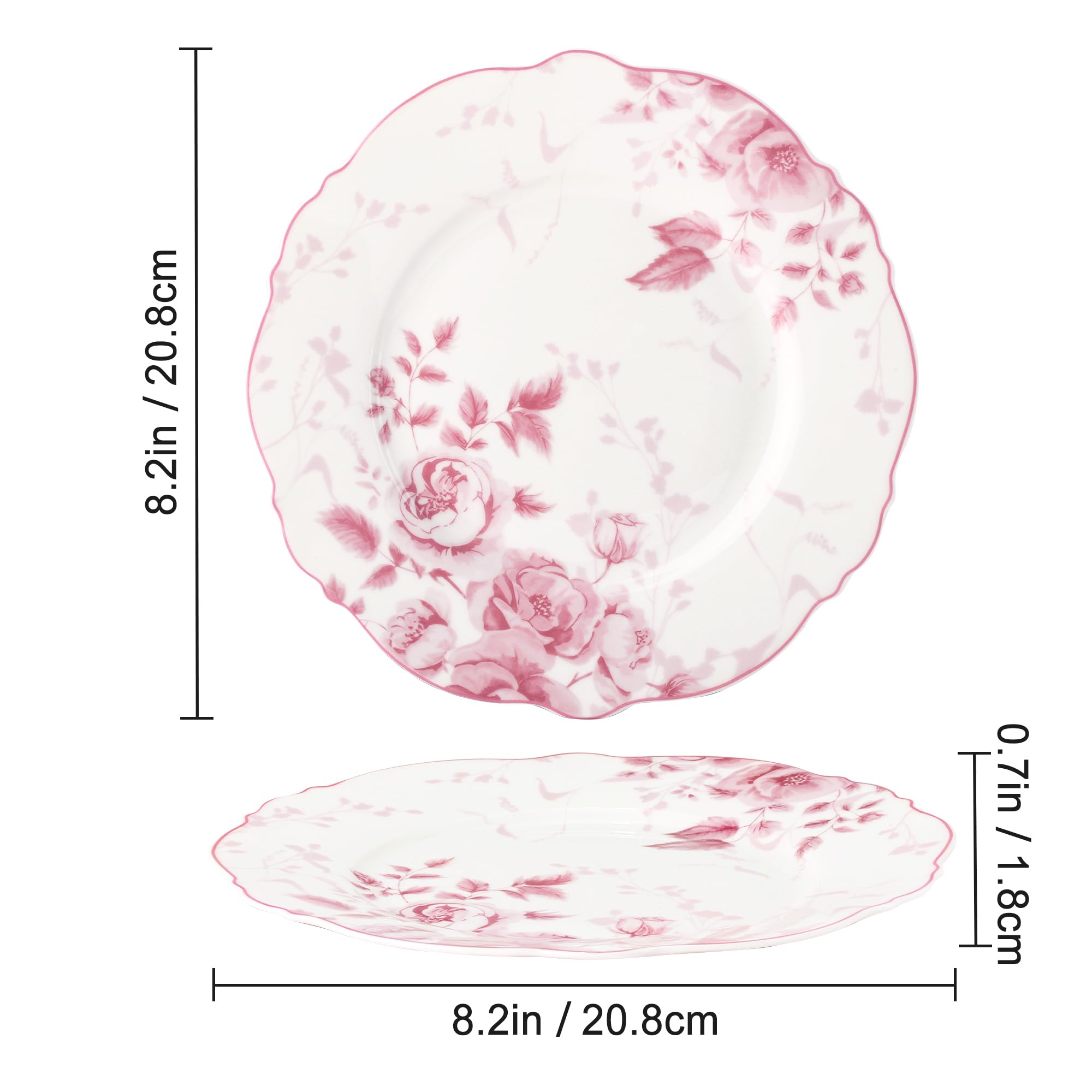 fanquare 21,6 cm Rosa Dessert-Teller mit Blumenmuster, 4er-Set Britisches Elegantes Porzellan, Snack- und Vorspeisenteller, Mikrowellen- und Spülmaschinenfest