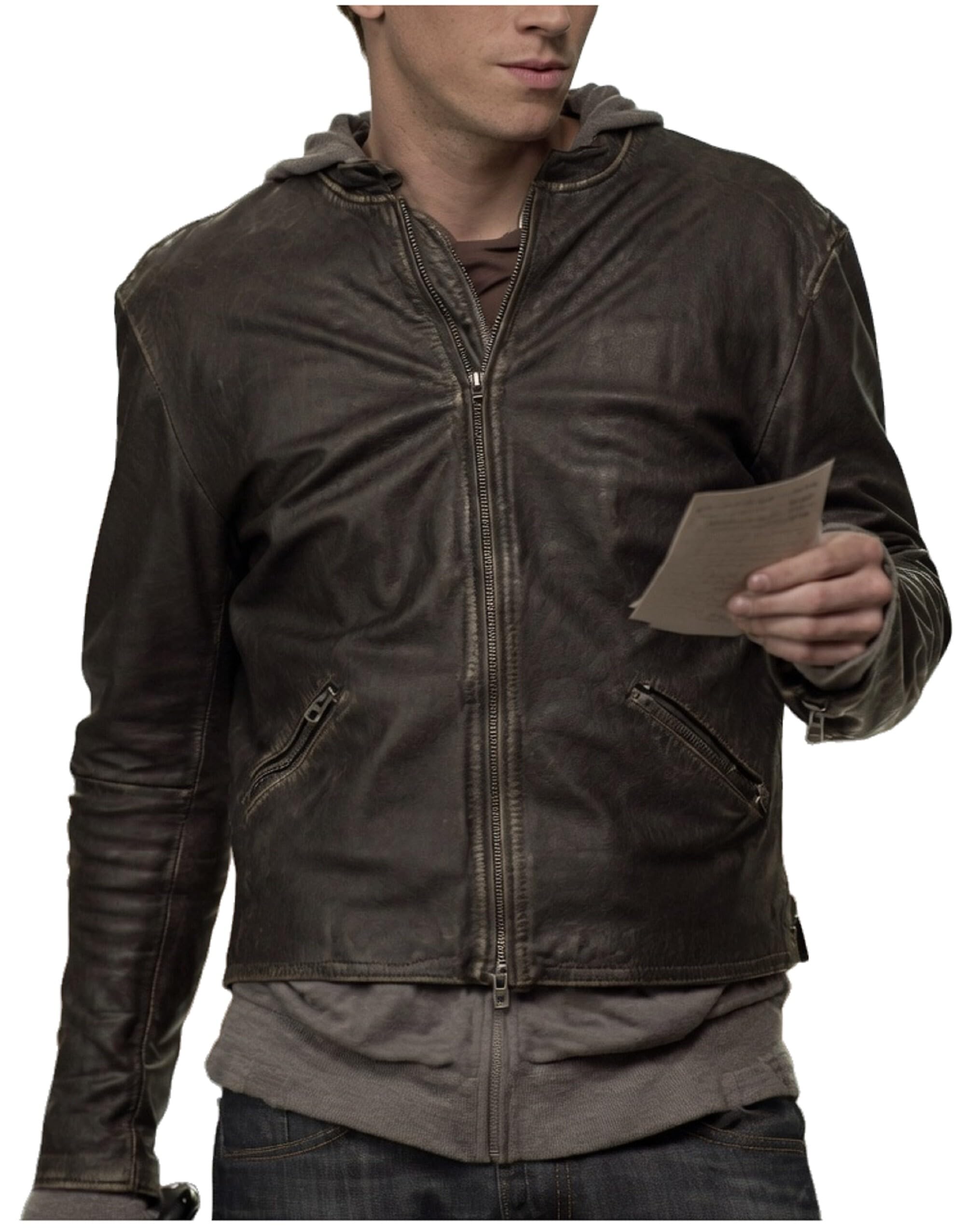 Chaqueta de cuero para hombre, color marrón, con capucha, estilo vintage, informal, para motociclista