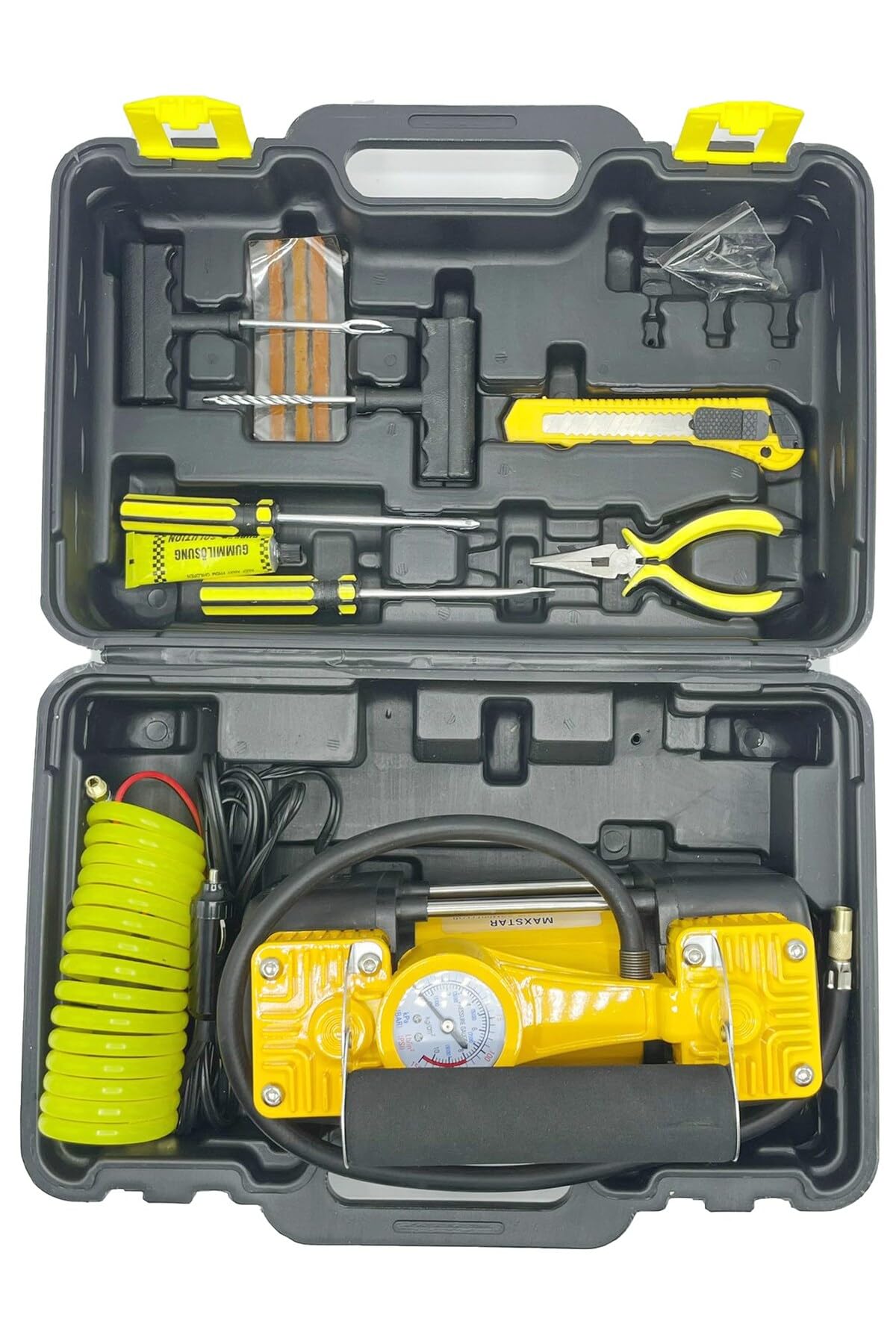moonshop Çift Pistonlu Araç Lastik Şişirme Kompresörü, Çok Renkli, 12V, 150 PSI, LED Aydınlatmalı, Taşıma Çantalı, Lastik Tamir Kiti Dahil