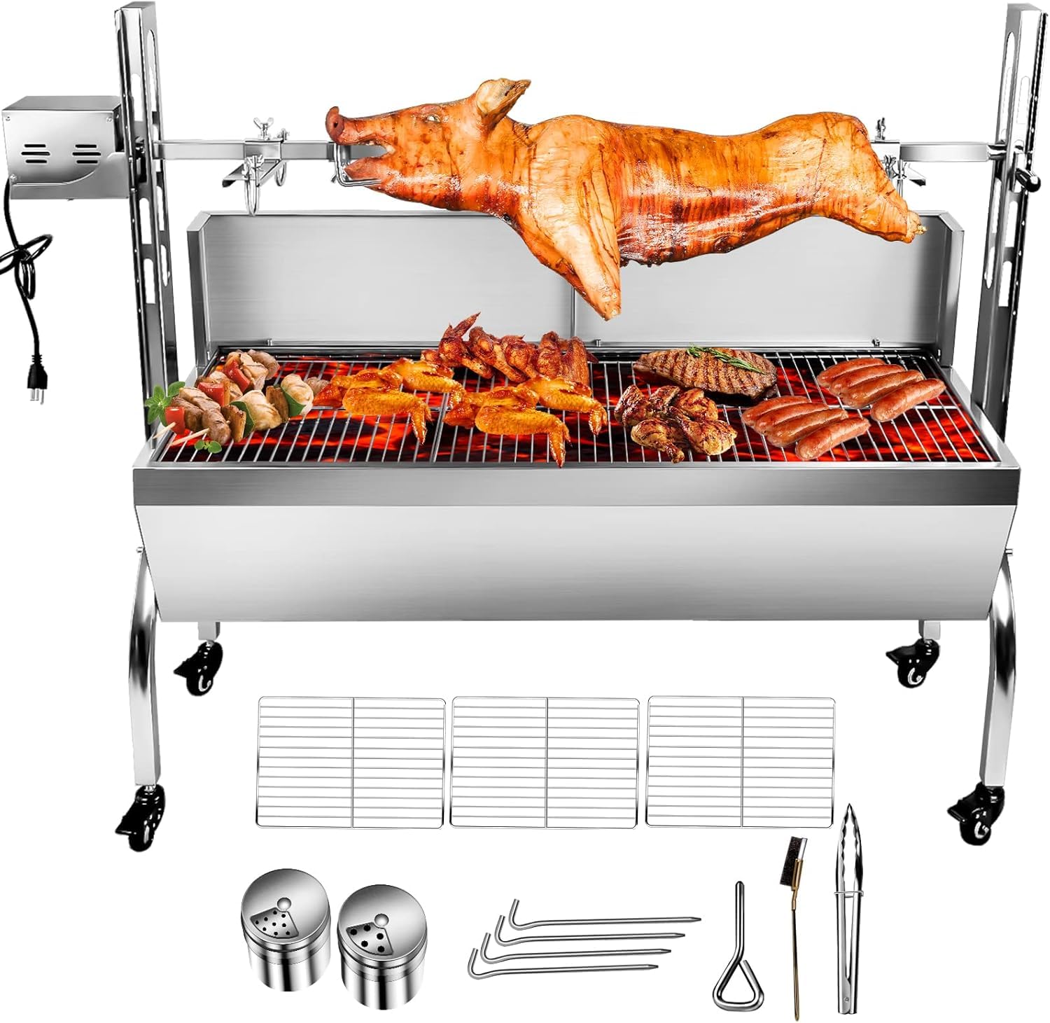 Stainless Steel Rotisserie Grill with Back Cover Guard, 25W Motor Small Pig Lamb Rotisserie Roaster, 48.7 Inch BBQ Charcoal Rotisserie Grill for Camping Outdoor Kitchen