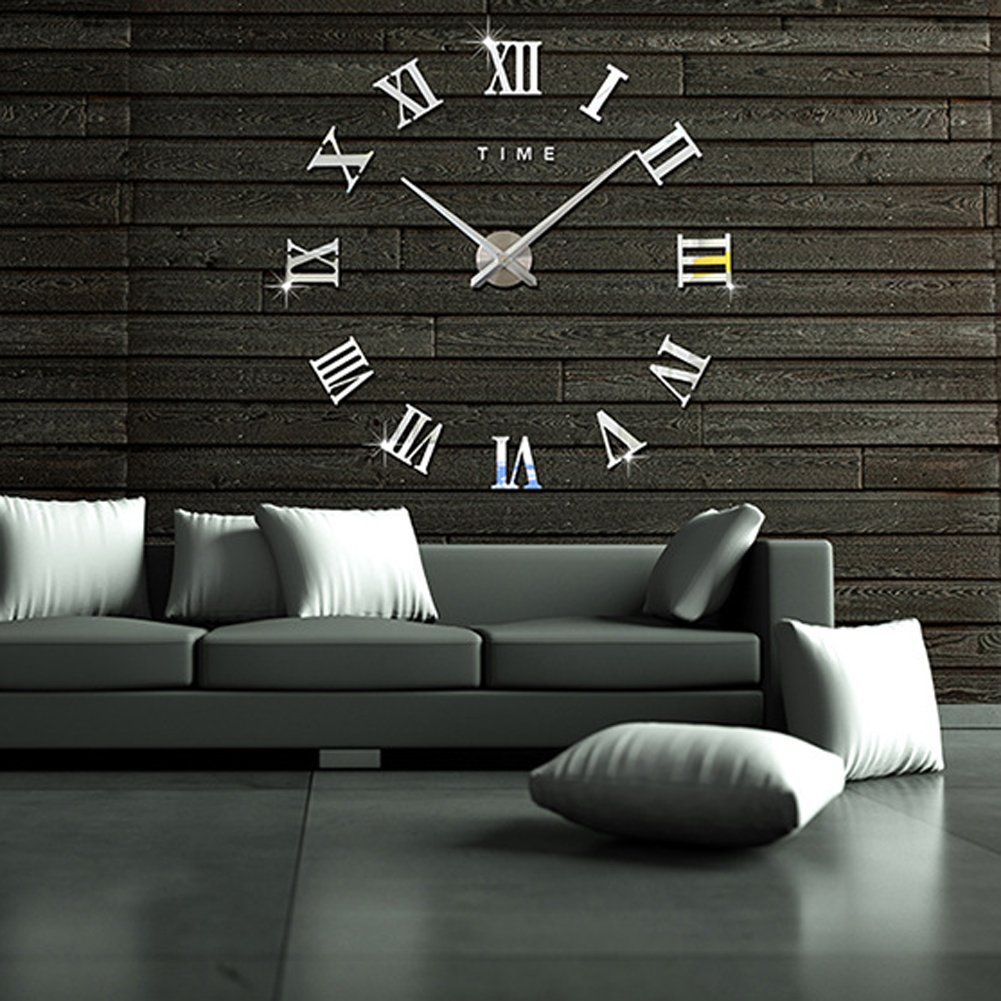 Topkey Reloj de pared grande grande 3D con números romanos para decoración extraíble (batería no incluida), color plateado