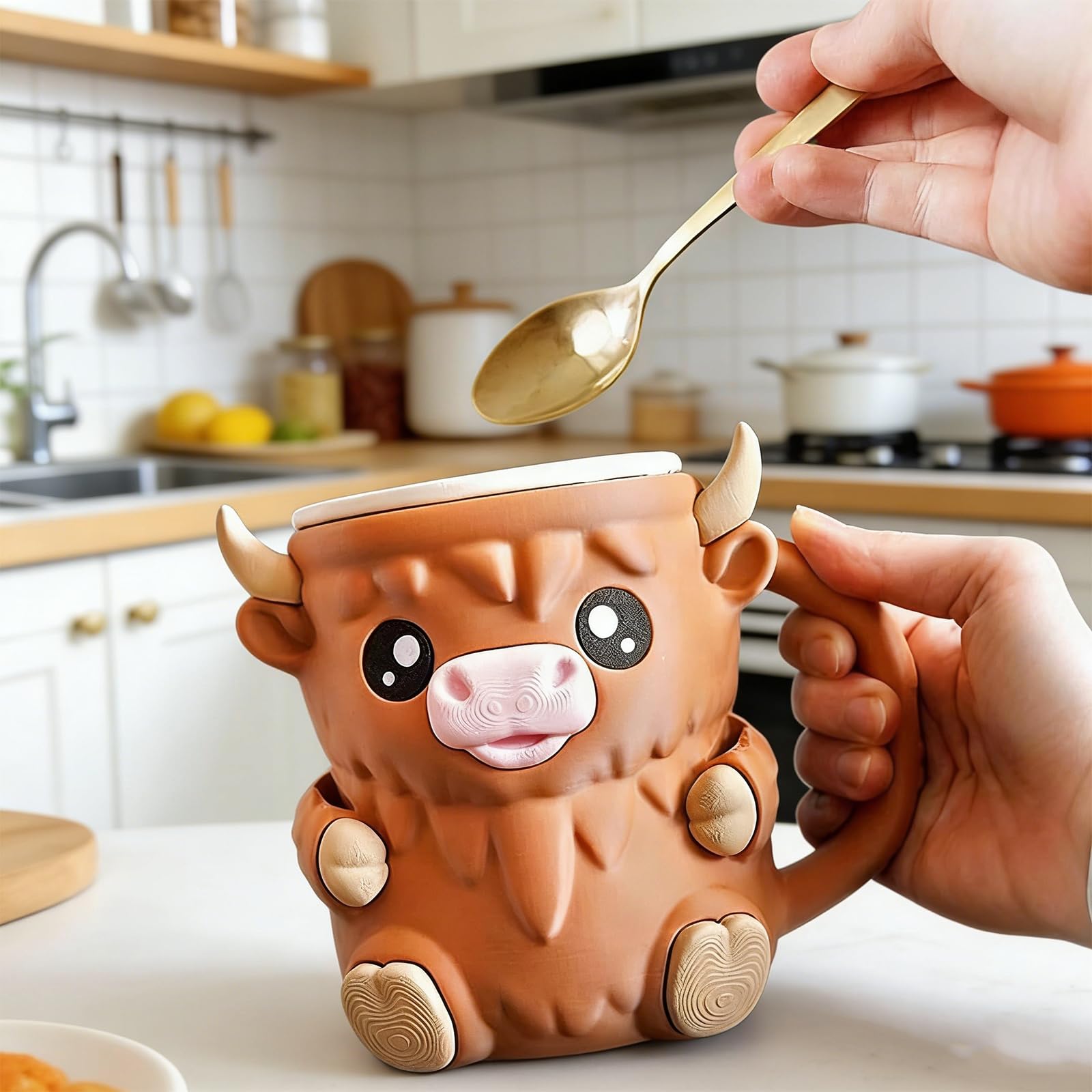 Porta Gelato Highland Cow con Cassetto Segreto, Supporto per Pinta di Gelato & Decorazione, Include 2 Cucchiai, Ideale per Casa, Picnic, Festa & Campeggio