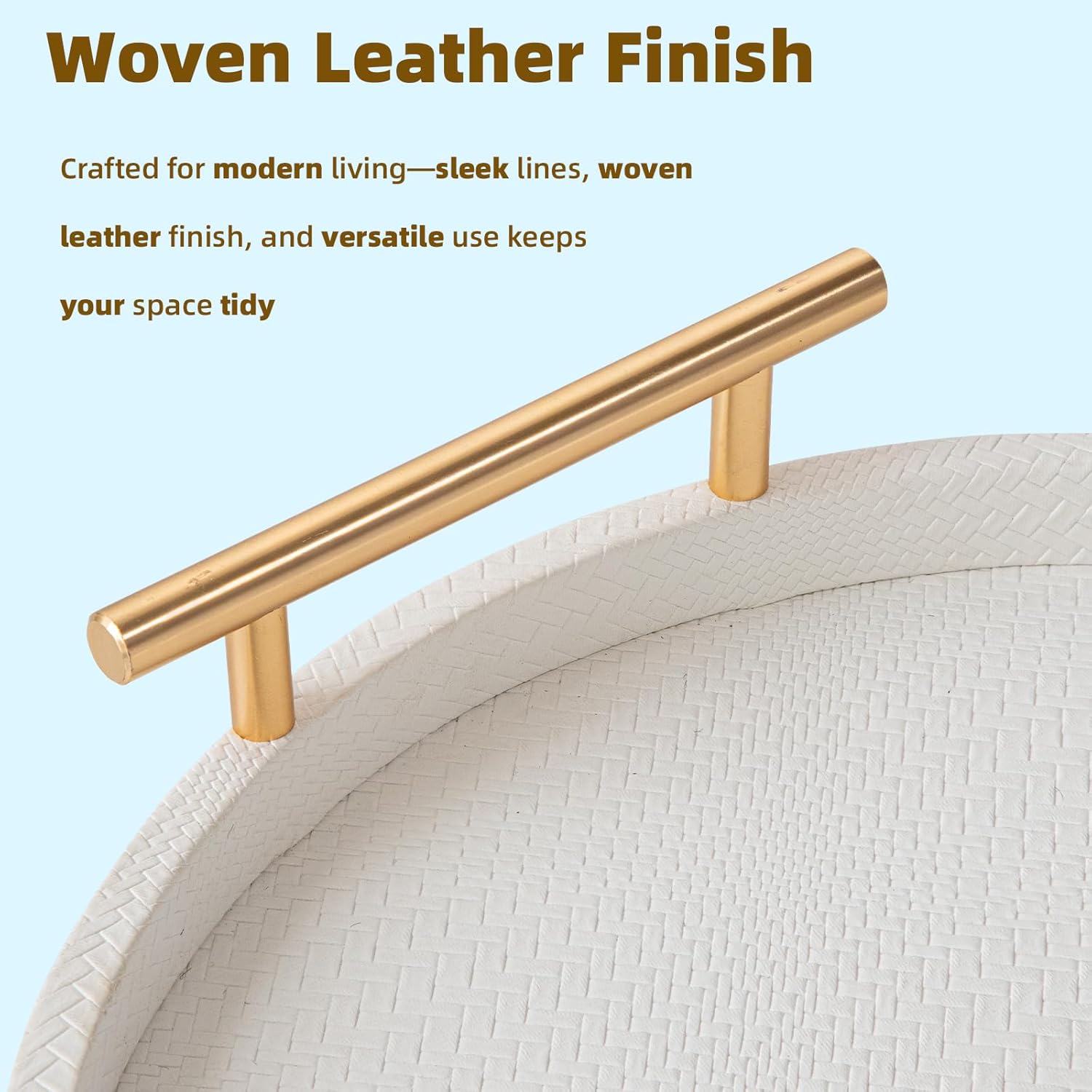 2 Piece White Round Serving Tray with Handles, Woven-Texture Faux Leather Ottoman Tray for Living Room, Decorative Tray for Coffee Table Home Decor - Image 5