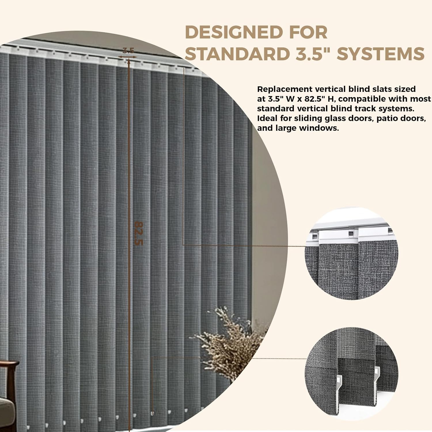 Vertical Blind Replacement Slats Blackout, 3.5×82.5 in,25 Pack-Grey
