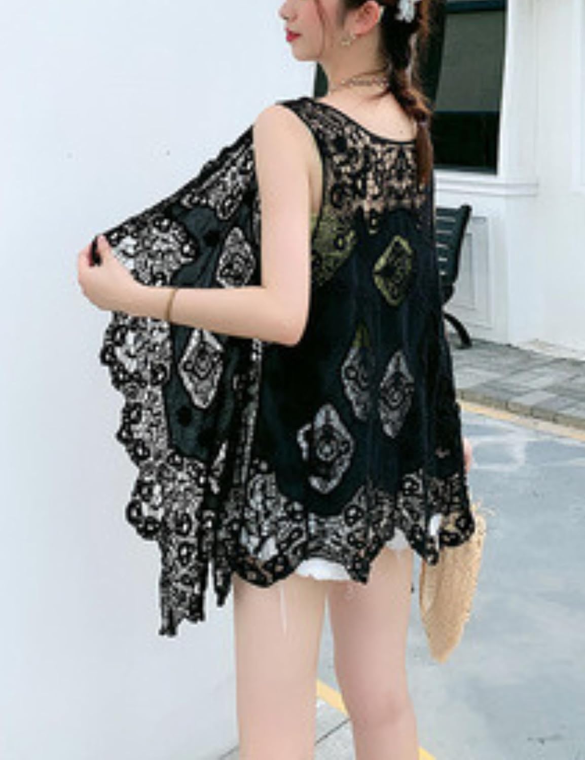 FindThy Women’s Hollow Knitting Stitch Cardigan Open Front Draped Boho Hippie Crochet Vest - Image 3