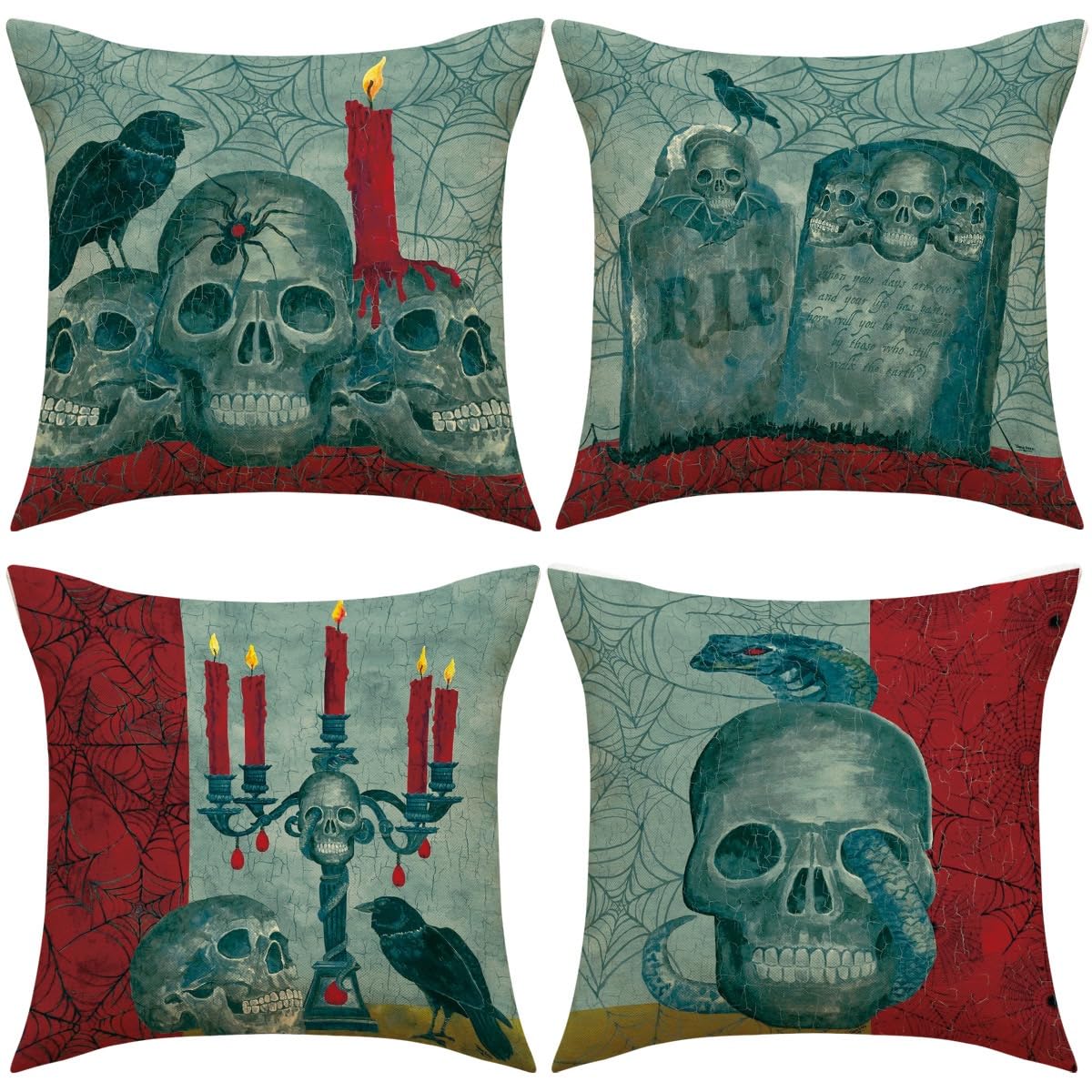 Prk 14 Black Cushion Covers 4 Pcs Halloween Pillow Throws For Livingroom Bedroom Graveyard Skulls Evil Tombstone Couples Sofa Horror Scary Pillowcase Set 45 X 45Cm