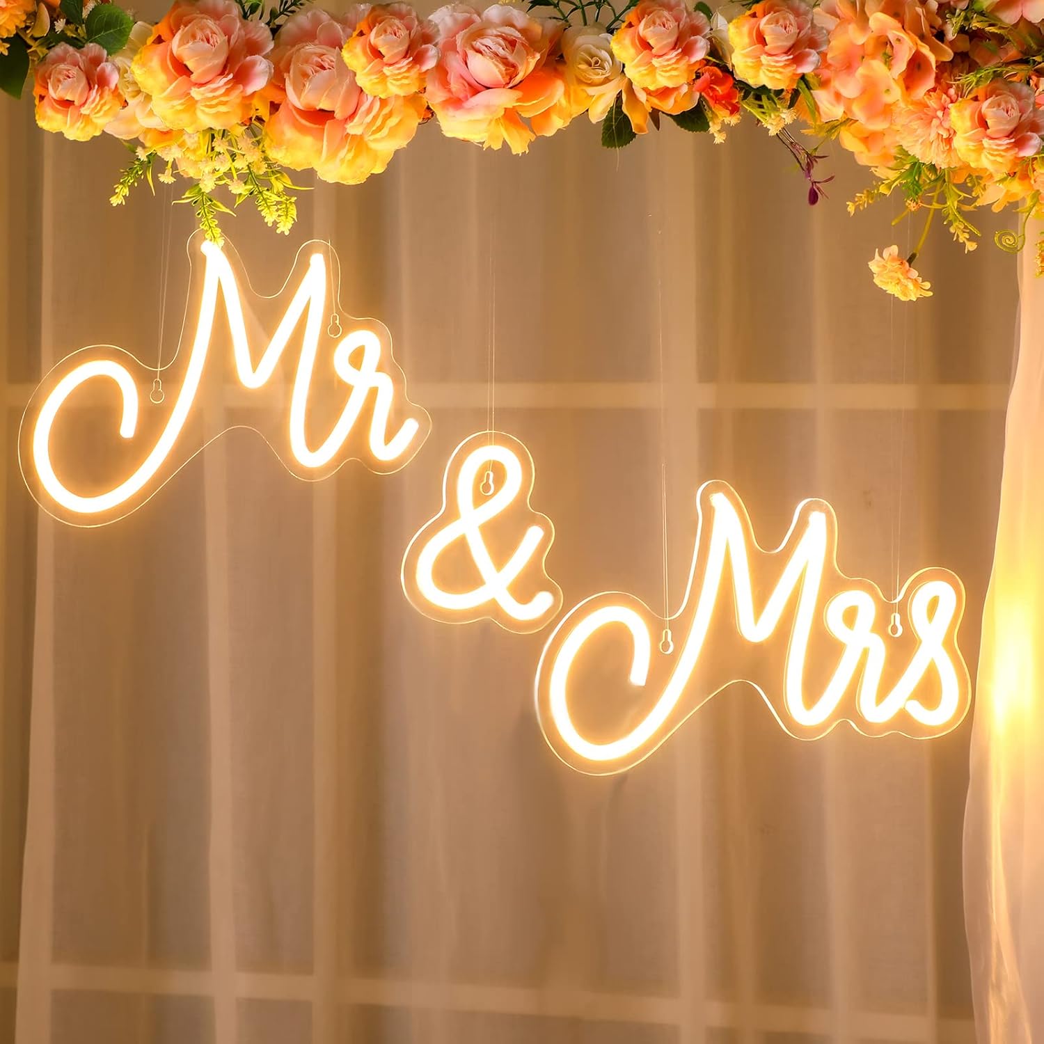 Mr and Mrs Neon Sign for Wedding Neon Light LED Backdrop Wall Decor USB Mr and Mrs Sign Wedding Reception Decoration Gifts for Anniversary Engagement Banquet(Warm White, 25 x 7 Inches) Warm White about 25.59 x 7.09 inches/ 650 x 180 mm