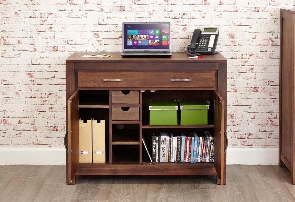 Mayan Walnut 2 Door 1 Drawer Hidden Hideaway Computer Desk in Satin Walnut Finish | Wooden Multi shelf Storage Cabinet