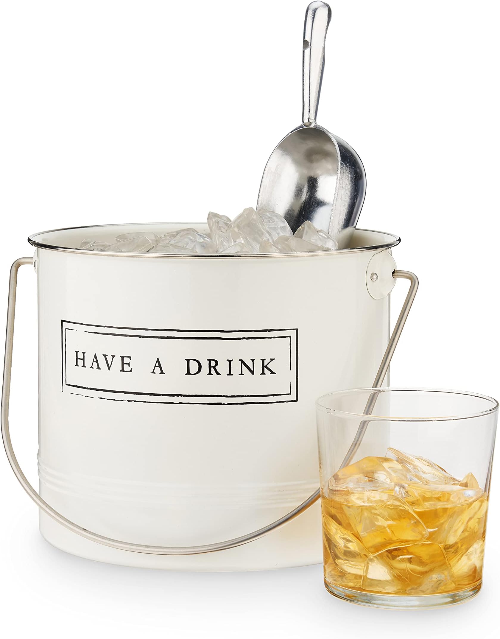 Twine Have A Drink White Enameled Metal Ice Bucket & Scoop for Parties - Wine Bottle And Beer Bottle Bucket in 1 Gallon