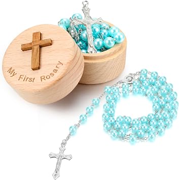 Baptism Gifts for Girls Boys Rosary Catholic My First Rosary and Keepsake Box for Baby Shower Holy First Communion Christian Beads Gifting SetBlue