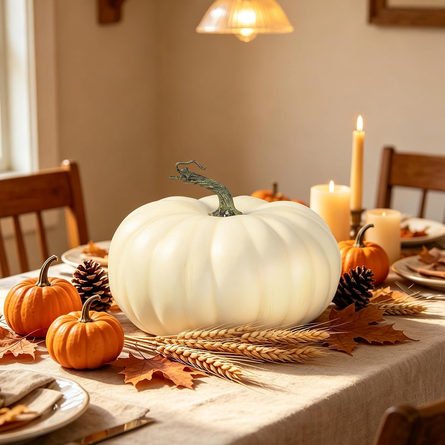 LFF 10" x 6.5" White Fake Pumpkin for Fall Thanksgiving Halloween Decor | Party & Home Centerpiece, DIY Available, Realistic Twisted Stem, Smooth Finish, Reusable, Ideal for Indoor and Outdoor