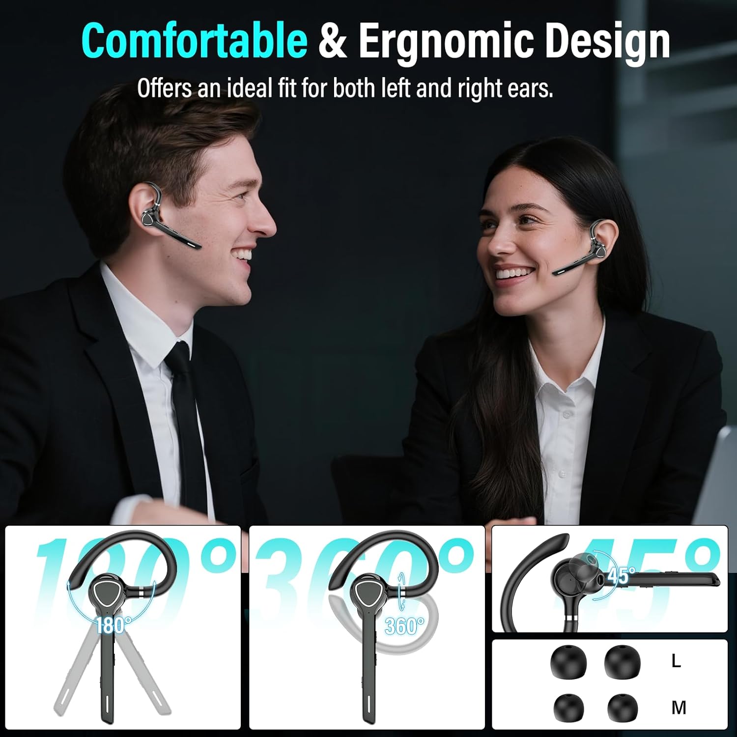 Bluetooth Headset with APTX HD Audio, Wireless Hands-Free Earpiece with CVC 8.0/ENC Dual Mic, Mute Button & Dual Device Connection, 90H Playtime Single-Ear Headphone for Trucker, Business, Black - Image 7