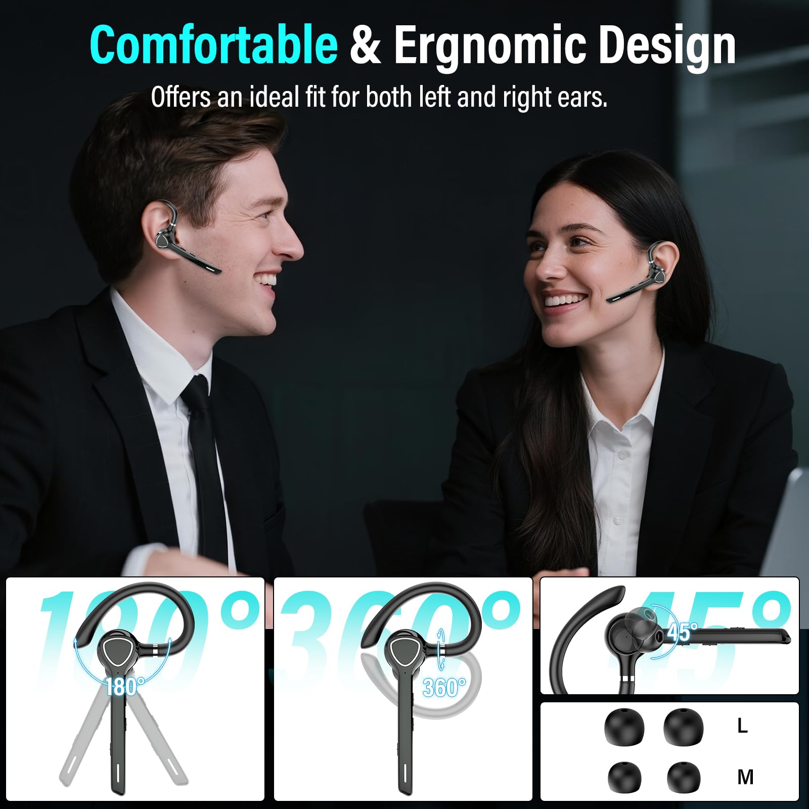 Bluetooth Headset, V5.4 Wireless Freisprech Telefon mit CVC 8.0 und ENC Dual Mikrofon, Bluetooth Ohrhörer mit 90h Spielzeit Mic Mute Zwei-Geräte-Verbindung für Büro Business Autofahren, Schwarz