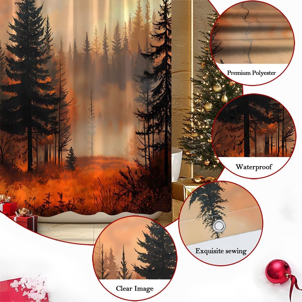 Fall Forest Tree Shower Curtain Halloween Misty Forest Pine Tree Mountain Foggy Jungle Horror Autumn Natural Wonderland Bathroom Polyester Curtains Set with Hooks 70x84 Inch