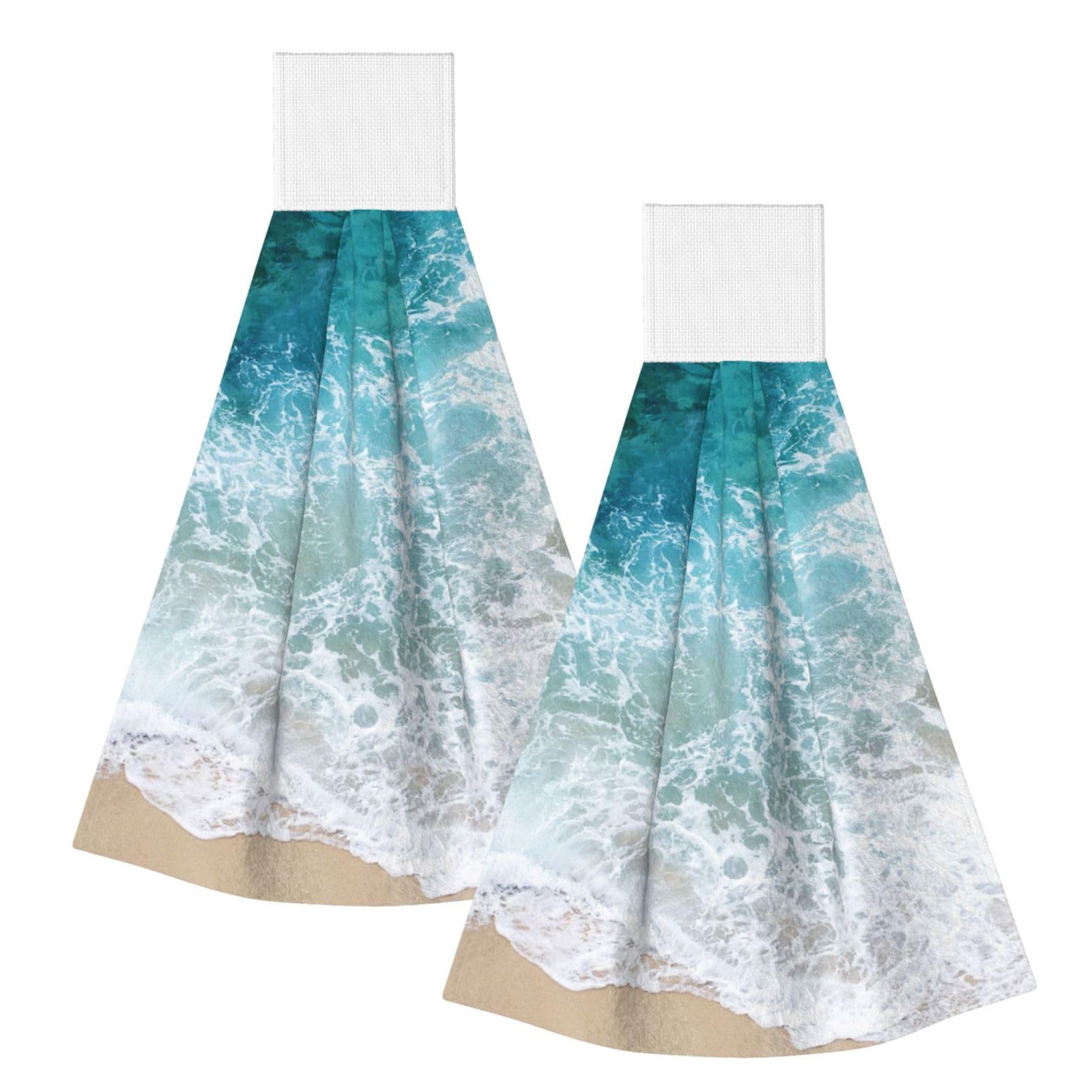 DOPKLNA Beautiful Ocean Waves, 2 Pcs Hanging Coral Fiber Hand Towels for Bathroom, Absorbent Kitchen Towels