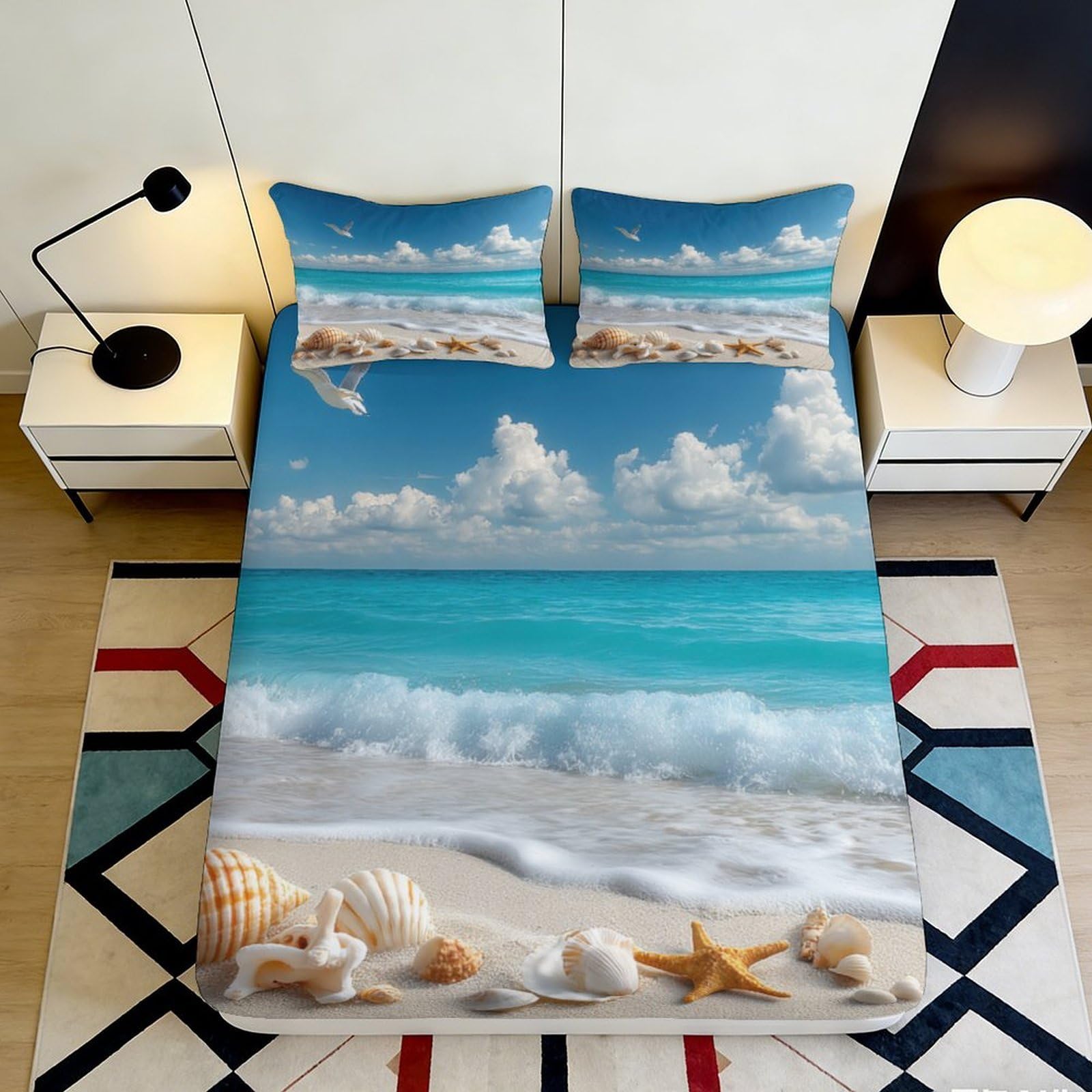 3D Printed Seaside Beach Fitted Sheet Microfiber Ocean Wave Mattress Cover, Soft Decor for Bedroom Guest Room 90x200x25cm