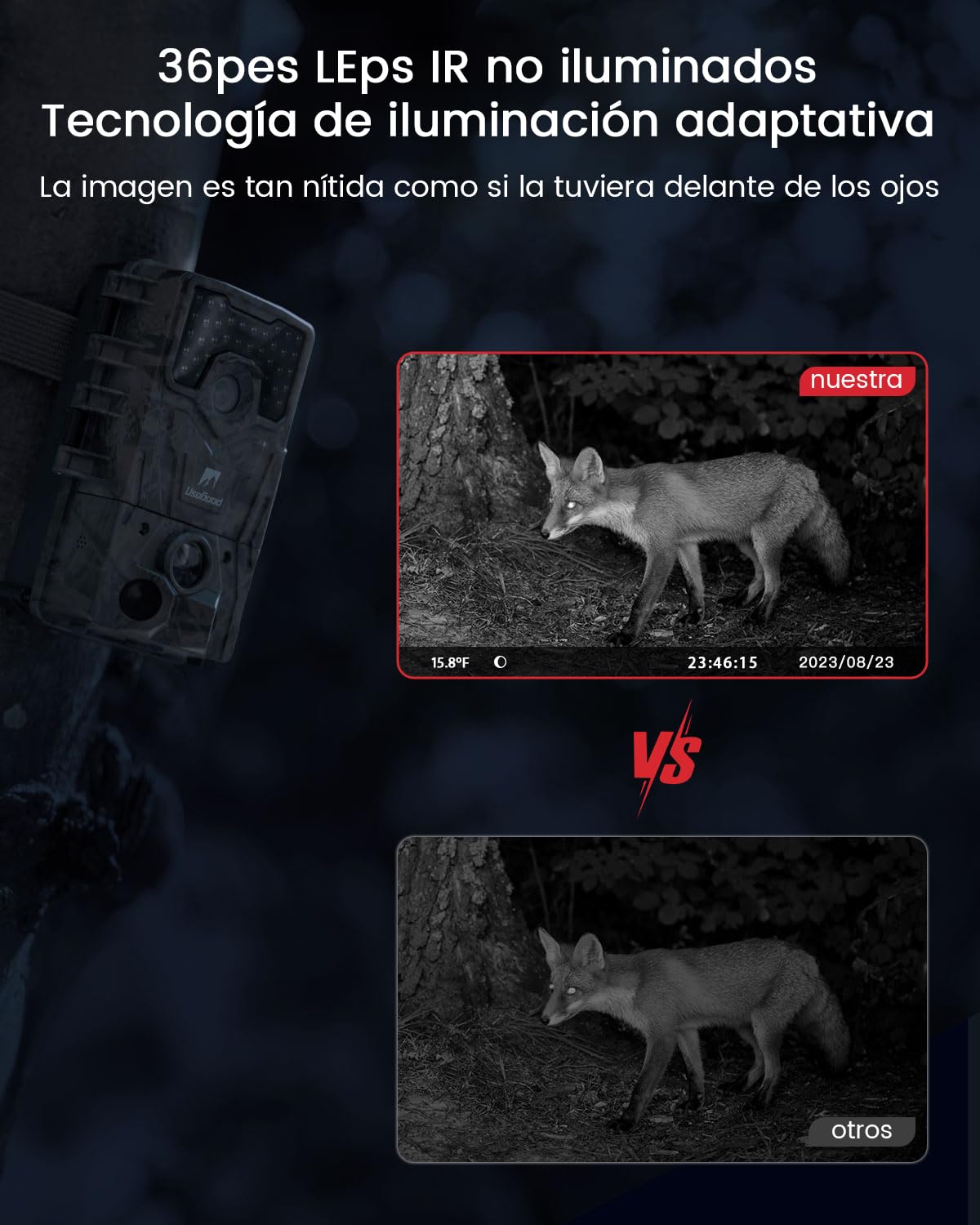 usogood - Cámara de Caza Nocturna 4K 48MP, Cámara Fototrampeo con Visión Nocturna Infrarroja, Trampa Fotográfica con 8 Pilas y Tarjeta de Memoria 32GB, Cámara de Fototrampeo Impermeable para Exterior