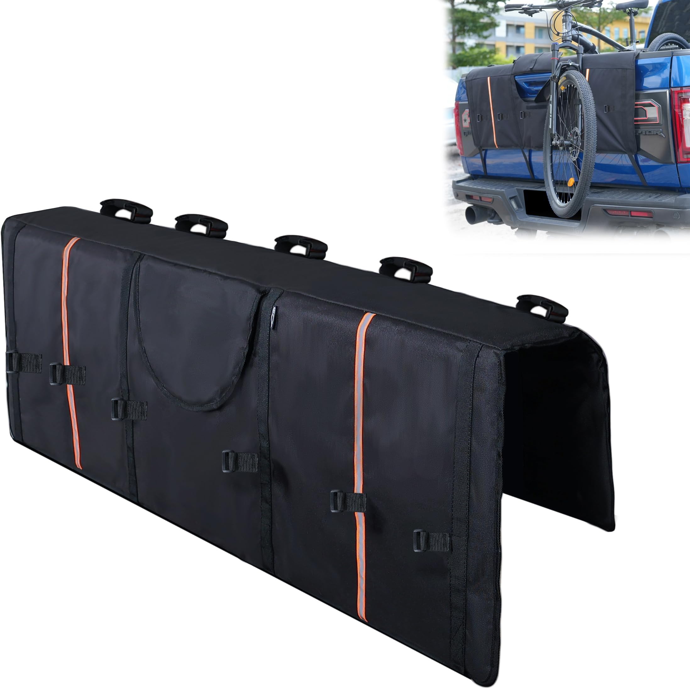 Amooca Tailgate Pad for Mountain Bikes Pickup Truck Tailgate Protection Pad with 3 Tool Pockets 52'' Wide for 5 Bicycles