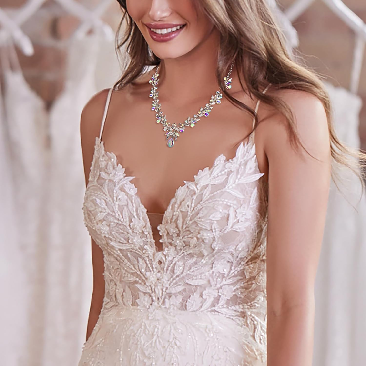 BriLove Women's Wedding Jewelery Set Leaf Flower Crystal Teardrop Marquise Cluster Pendant Necklace Dangle Earrings for Bridal Party - Image 3