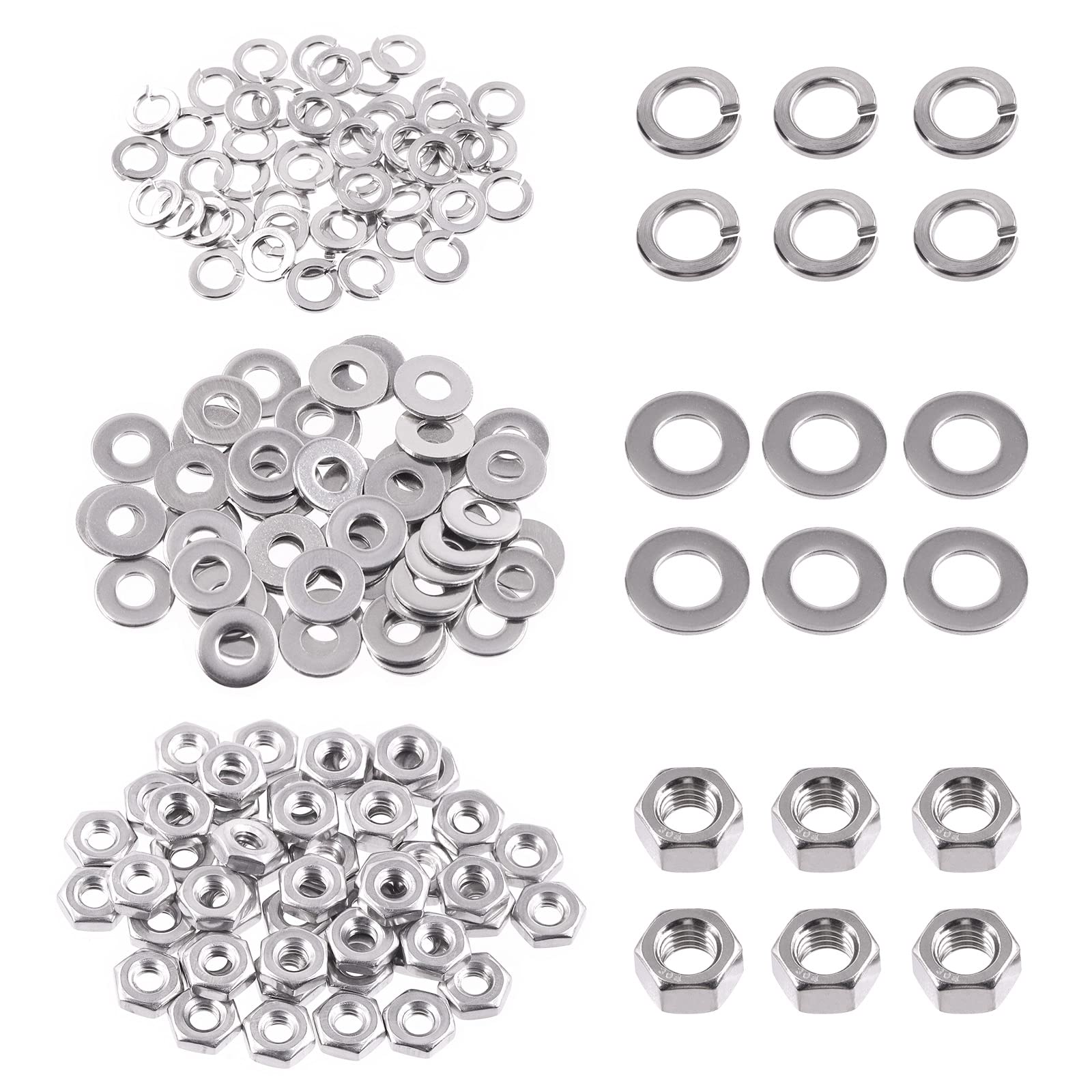 Swpeet 150Pcs SAE 304 Stainless Steel #8-32" Hex Nuts and #8 Flat Washers with #8 Split Lock Washers Assortment Kit, Coarse Thread Hexagon Nut for Home Automotive Shop Use