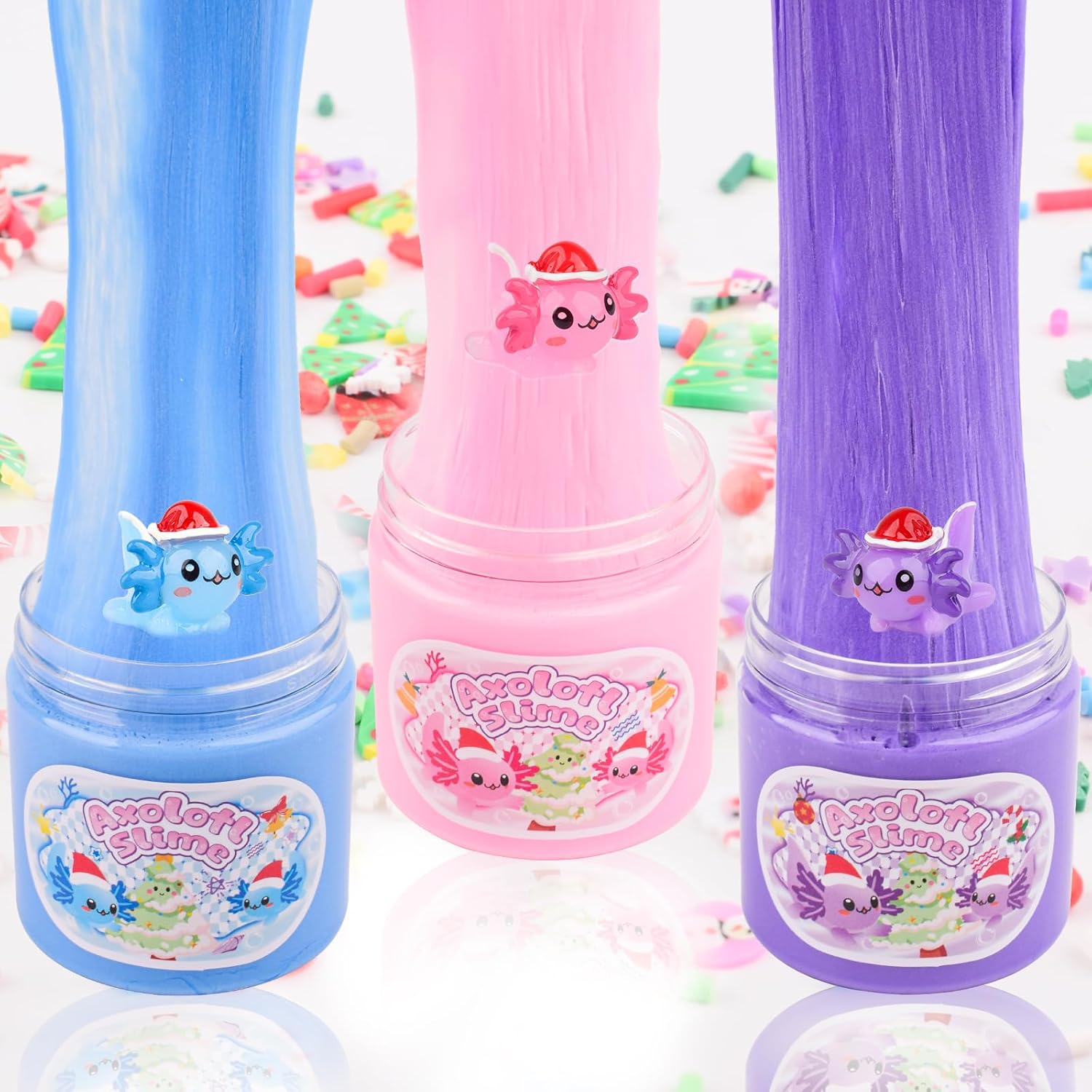 3 Pack Christmas Butter Slime Kit, Scented Axolotl Slime with Pink, Blue, Purple Axolotl Charms, Soft, Non-Sticky, Goodies Bag Toy for Christmas Party Favors