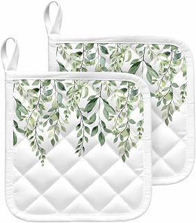 2 Pack Rat Tailings Pot Holders for Kitchen Green Plants Leaf Farmhouse Heat Insulation Potholder for Countertops Oven Pot Holder, Hot Pads for Cooking Baking Barbecue 8x8 inches