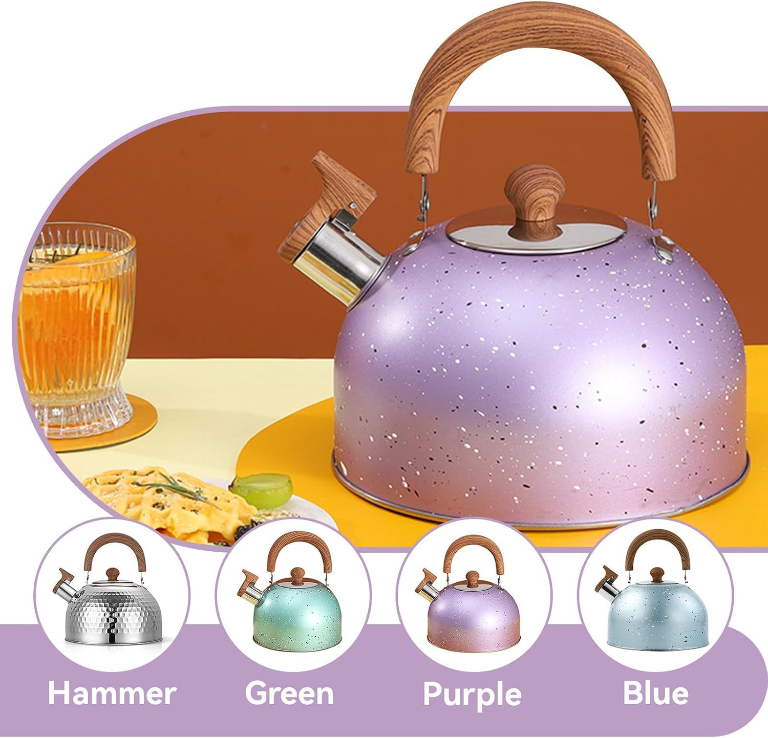 Stovetop Whistling Tea Kettle, 2L/67.63oz Tea Pot for Stove, Stainless Steel Water Teapot Flat Bottomed Small Hot Water Boiler with Wood Handle for Gas Induction Cooker Boil Water (Purple)