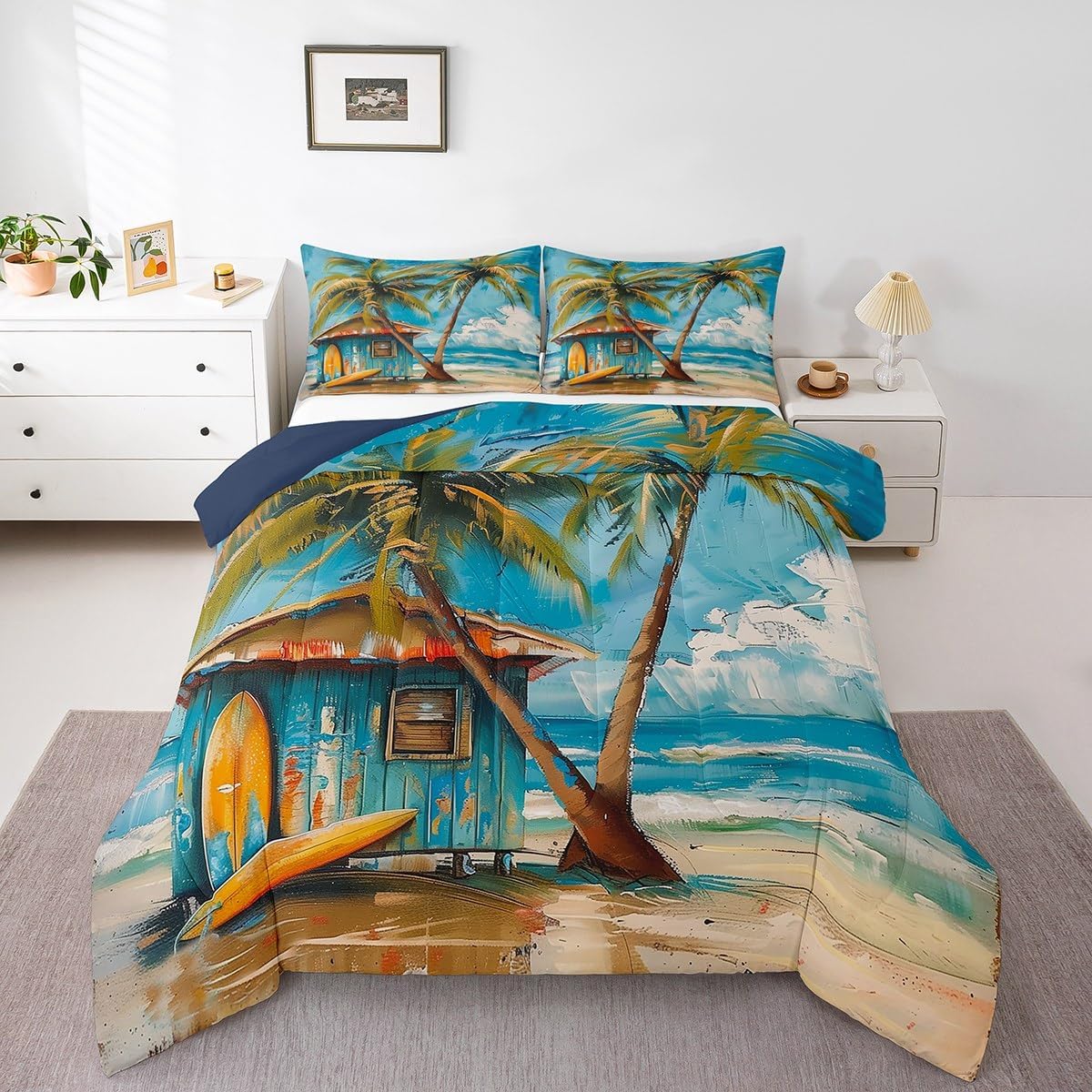 Erosebridal Surfboard Surf Queen Comforter Set,Surfing Surfer Bedding Sets,Coastal Beach Blue Sea Quilt Bed Set for Kids Girls Boys,Hawaiian Palm Tree Bedroom Decor,2 Pillowcases All Season