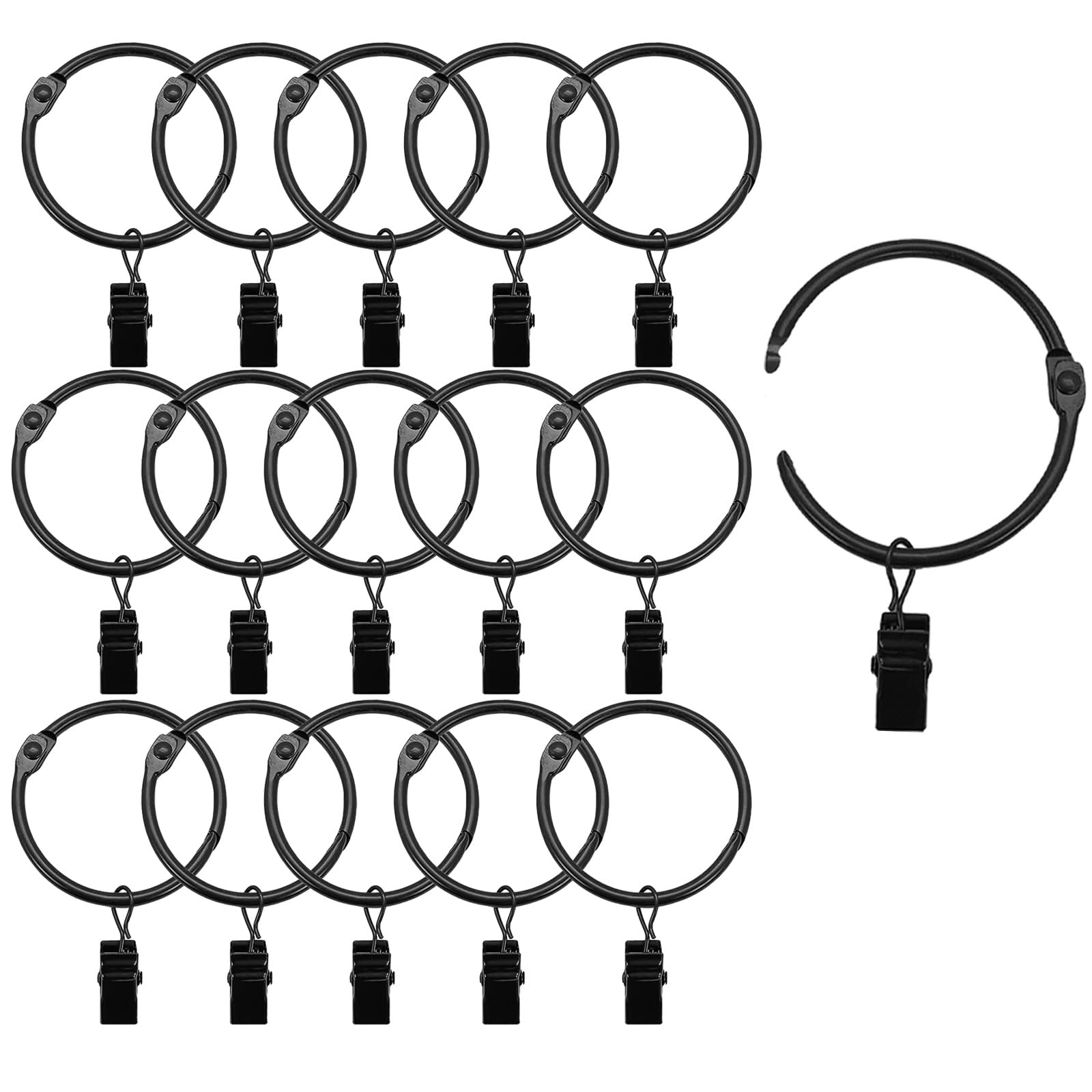 Photo 1 of 16 Pack Openable Curtain Rings with Clips, Black Shower Curtain Hooks Curtain Clips Rings for Hanging Drapery Drapes Bows, 1 Inch Diameter, Fits up to 5/8" Rod