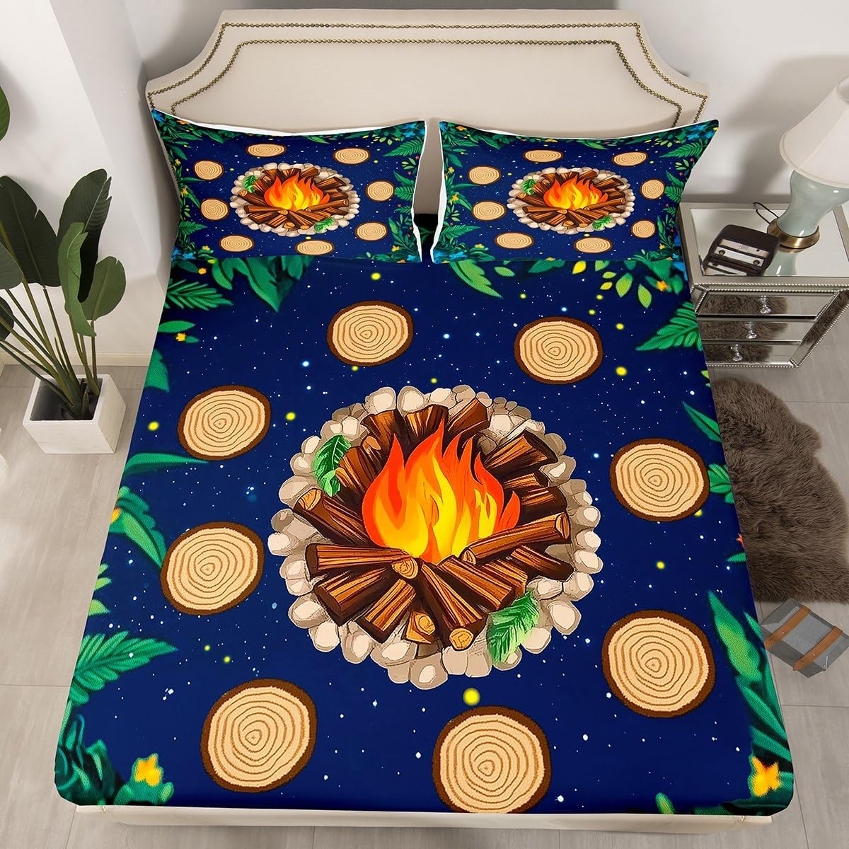 Erosebridal Campfire Bed Sheets Queen Size Tree Seats Fitted Sheet Cartoon Funny Owl Mushroom Bed Set for Kids Woodland Stump Brown Leaves Flowers Deep Pocket Bedroom Decor