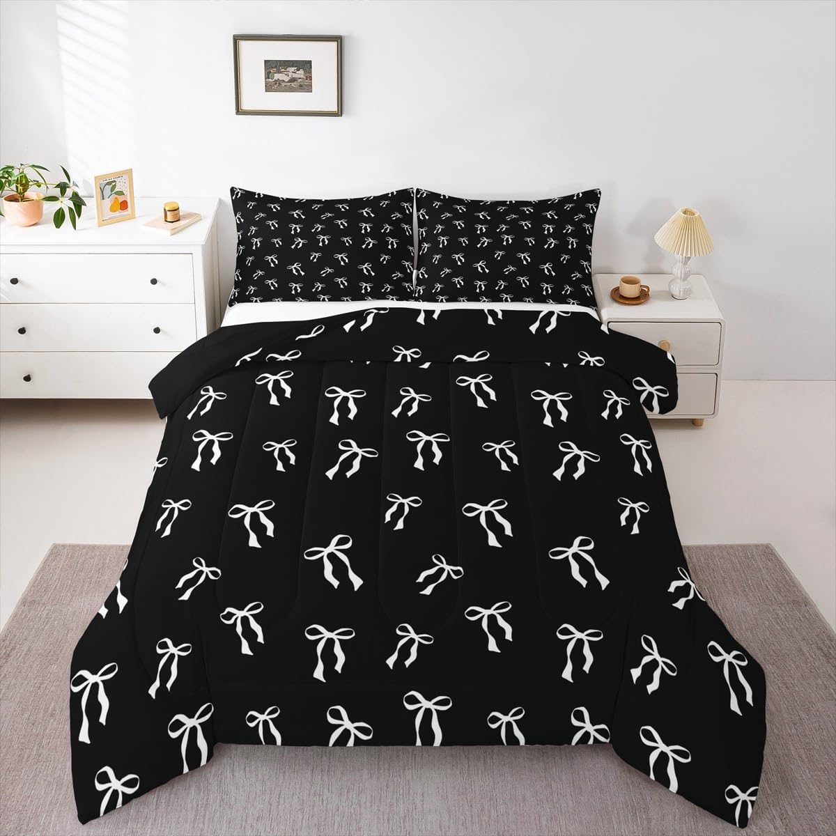 Erosebridal Bowknot Ribbon Bedding Set White Bows Comforter Set Twin Black Princess Bedding Comforter Sets Modern Simple Bow-Tie Quilt Set for Kids Boys Girls