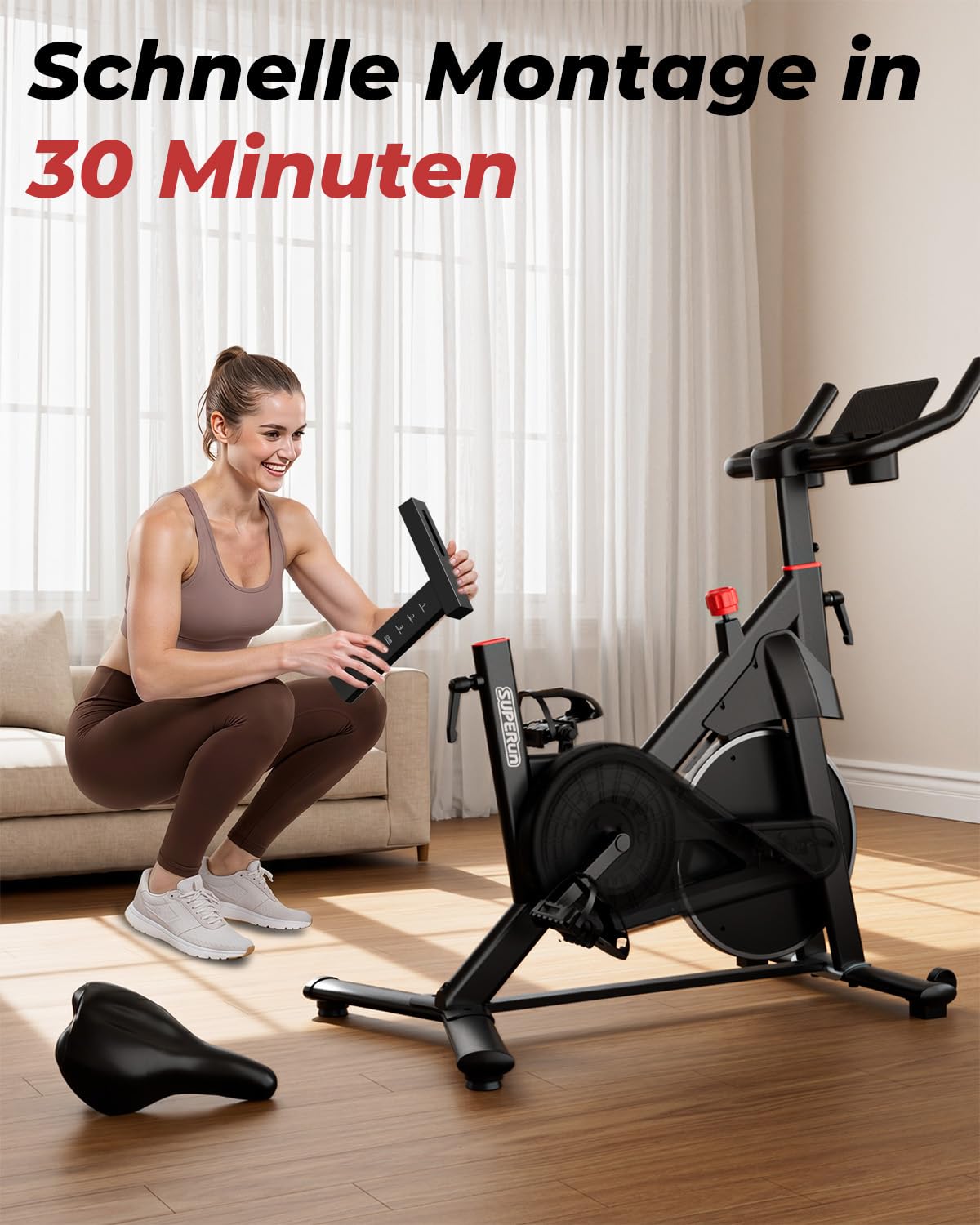 Heimtrainer Fahrrad mit APP, Superun Ergometer Spinning Bike Indoor mit Verstellbarem Widerstand, 15KG Schwungrad, Ultraleise für Kardio-Training zu Hause.Vor Ort erlebbar & reparierbar