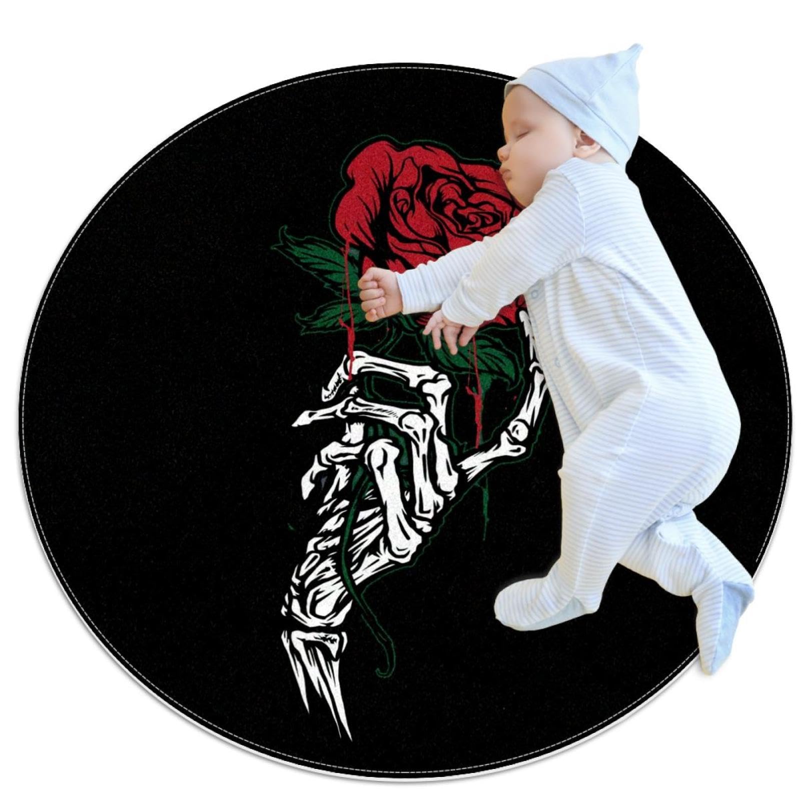 Tapis de salle de bain squelette et fleur, tapis de sol rond 1m