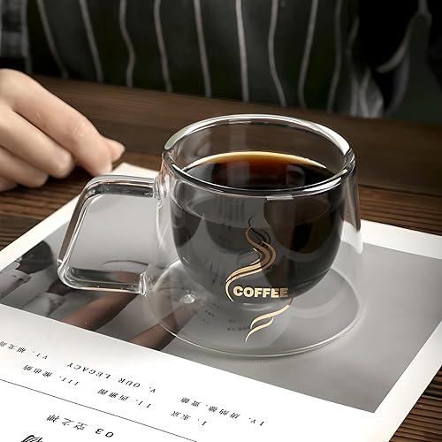 Miniatura 6 de Expresso Cups - Juego de 2 tazas de café de vidrio con aislamiento de doble pared con asa para capuchinos con leche, tazas de chupito de espresso de