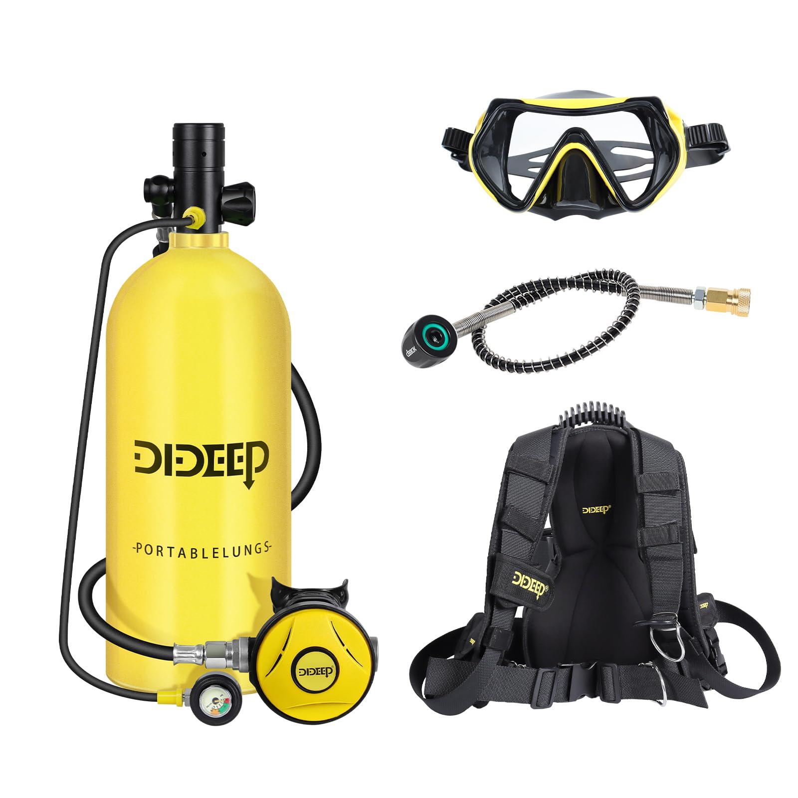 DIDEEP Sprzęt do nurkowania, butla z gazem do nurkowania, butla tlenowa 3 l, butla tlenowa, butelka na wodę, zestaw do nurkowania, czteroczęściowy zestaw 3 l respirator + lusterko do twarzy + szybkie