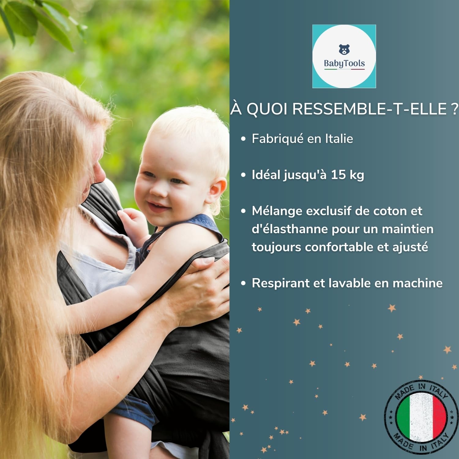 Echarpe De Portage beb (100% Fabriqué En Italie) En Coton Organique, Légère Et Respirante, Avec 2 Bavoirs Inclus, Adaptée À Un Maximum De 15 Kg