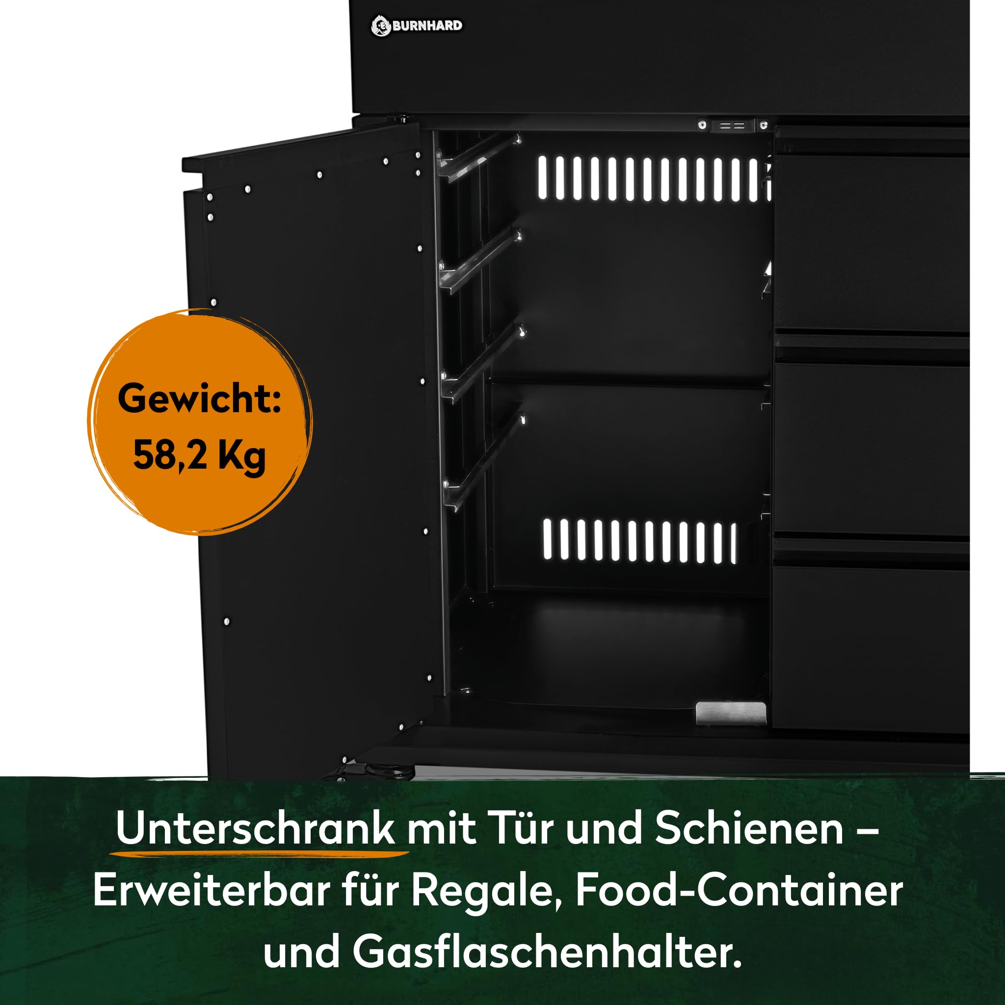 BURNHARD® Grill Beistellwagen mit Edelstahl-Arbeitsfläche, Grilltisch, 4 Soft-Close Schubladen, Vollgummi-Rollen – kompatibel mit Earl & FRED Gasgrills