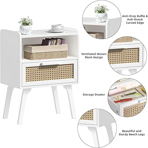 Miniatura 53 de Lerliuo Juego de 2 mesitas de noche de ratán, mesa auxiliar bohemia con cajón abierto, mesa auxiliar de noche con patas de madera maciza para Negro