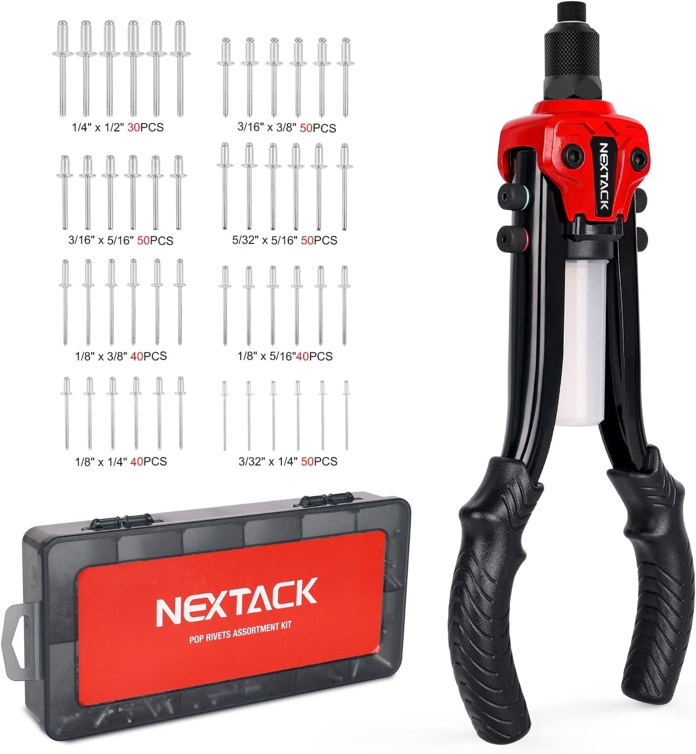 NEXTACK 13 Inch Pop Rivet Gun with 350pcs Assorted Rivets Kit, 1/4" Capacity Heavy Duty Hand Riveter Tool with Detachable Container & 5 Nosepieces for Metal, Gutter & Automotive NT300