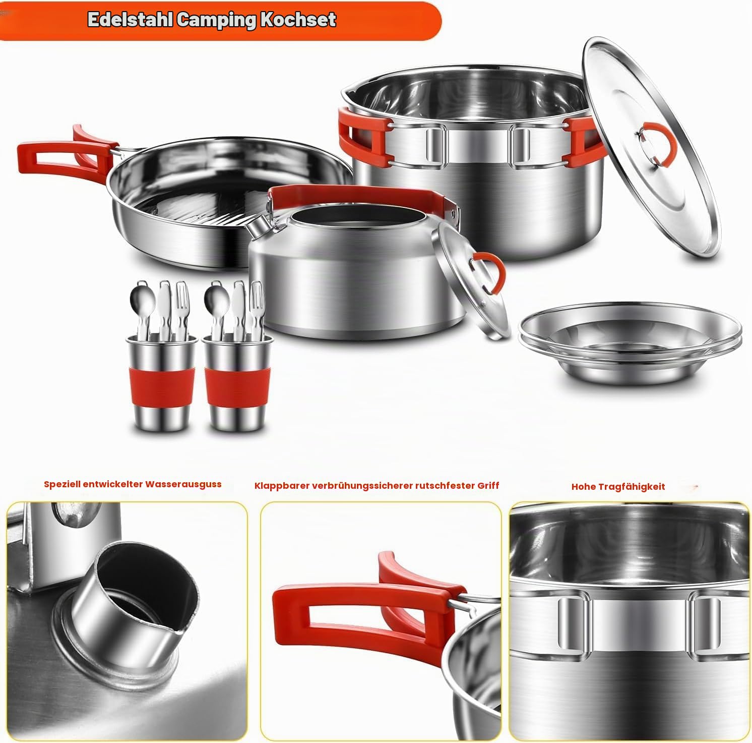 Camping Kochgeschirr Kit, 304 Edelstahl Camping Kochset, Camping Topf und Pfanne Set mit Wasserkocher Tassen Teller Gabeln Messer Löffel für Camping Outdoor Wandern Picknick RVs für 2-3 Personen