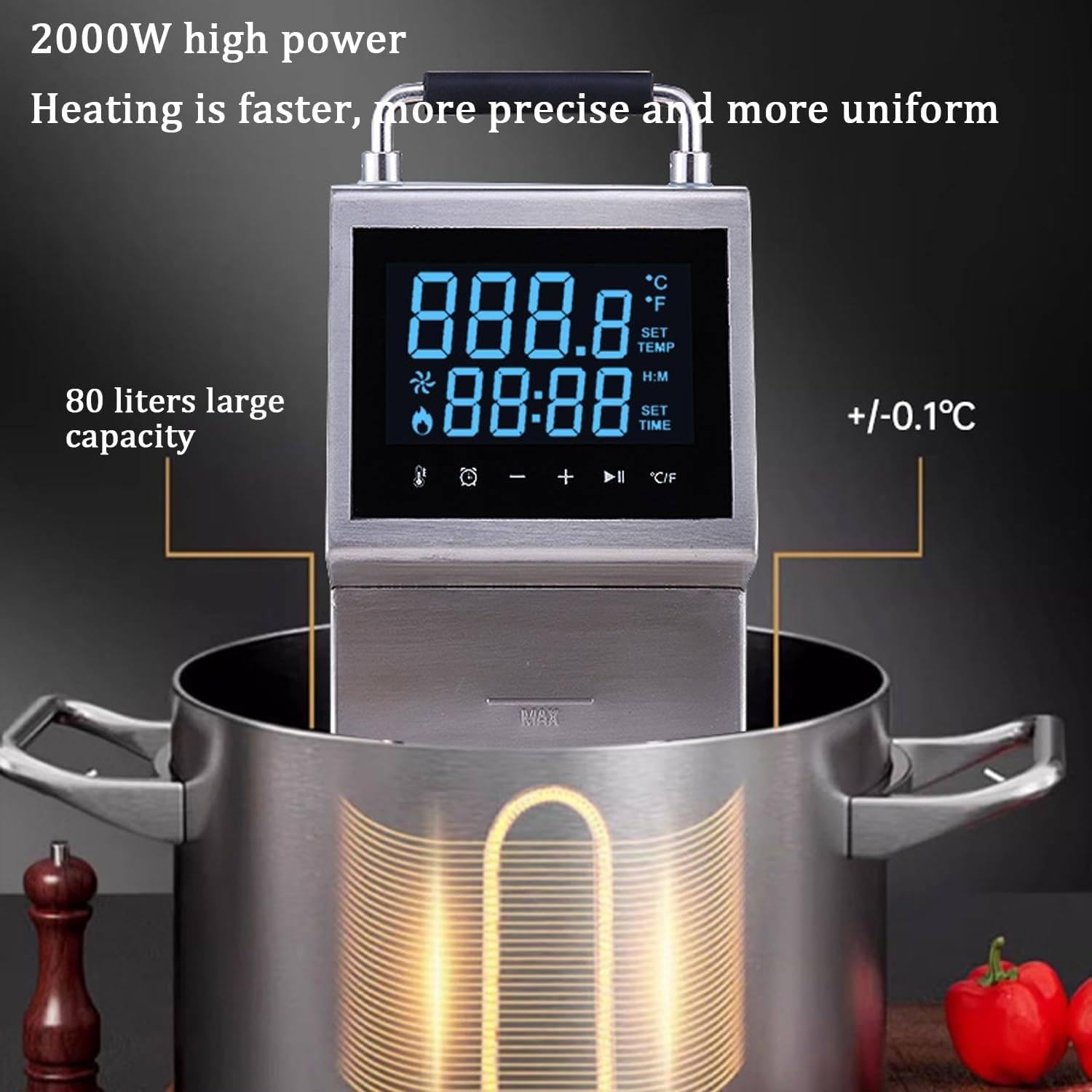 Sous Vide Machine 80L/time,2000W Fast Heating Immersion Circulator Cooker with Screen,3D Water Cycle, Retain Nutrients