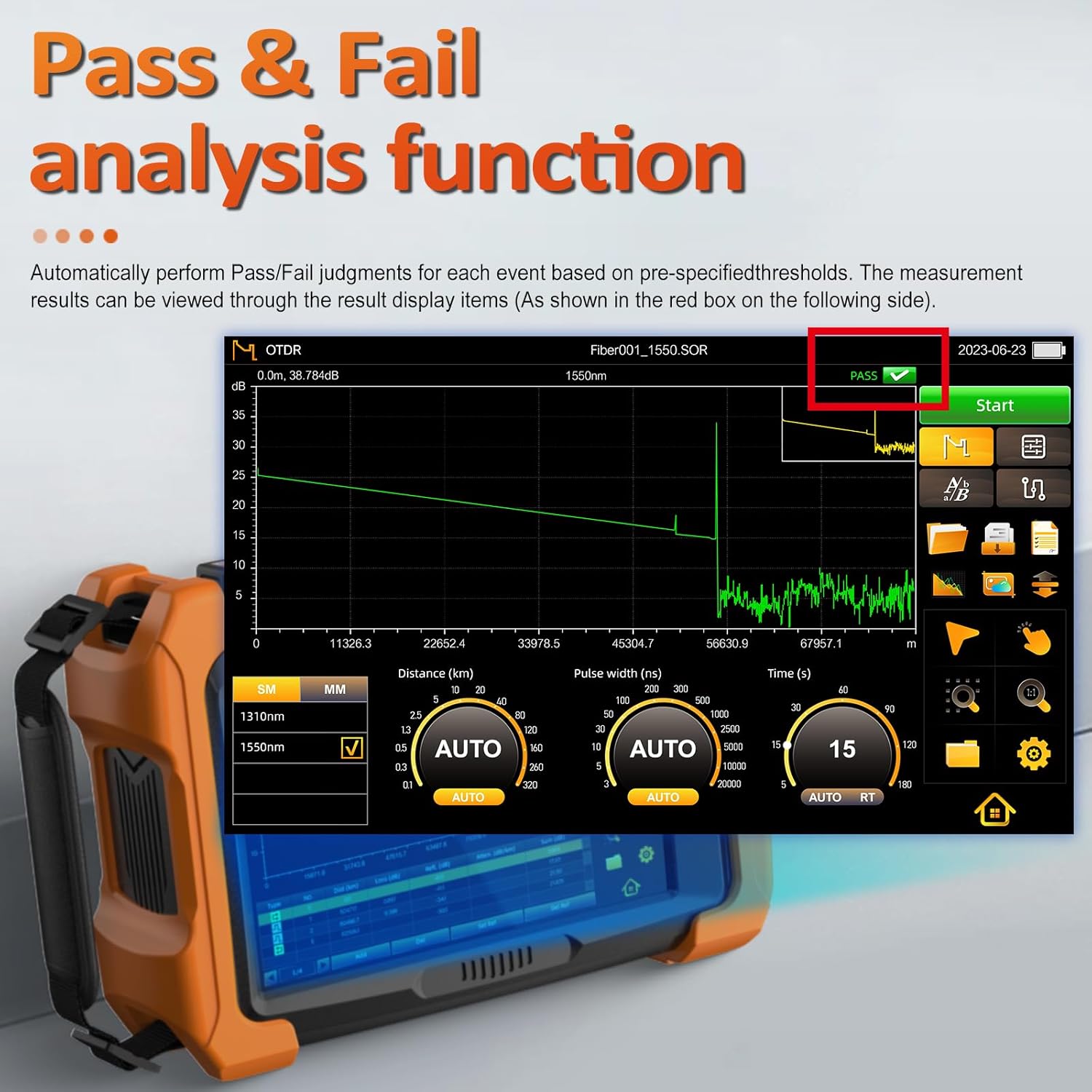 1310 1550nm 40/38dB KOMSHINE QX65 Single Mode Euipped with iOLA One Click Intelligent Testing Function + OPM OLS VFL + Event Map+ RJ45+WiFi MAX 1: 64 Fiber Splitter Trunk Line CAT5 CAT6