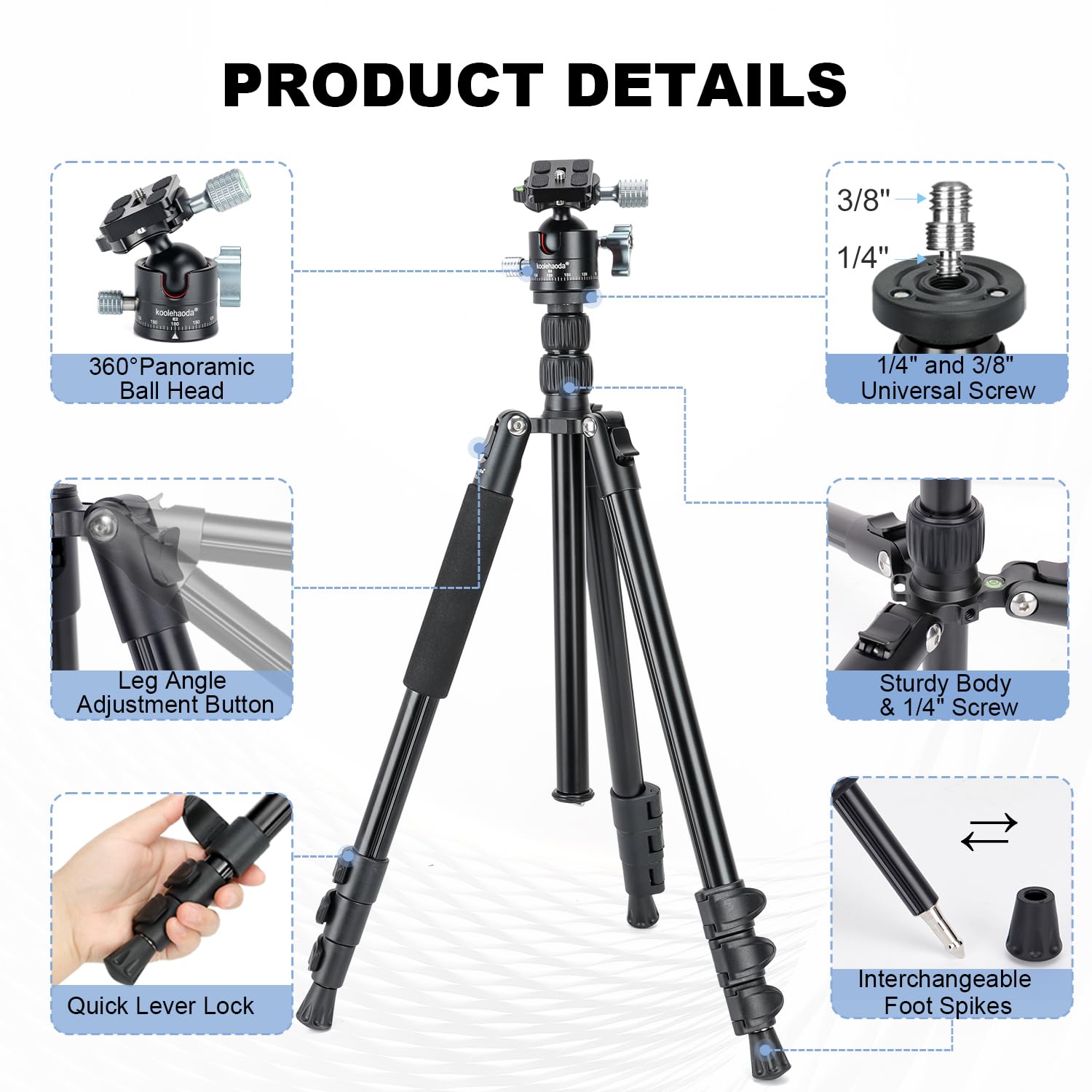 Koolehaoda Trípode para cámara, trípode plegable de aluminio de 70 pulgadas, trípodes de viaje ligeros para cámara con cabezal de bola de 360°, capacidad de carga de 22 libras para cámara DSLR y