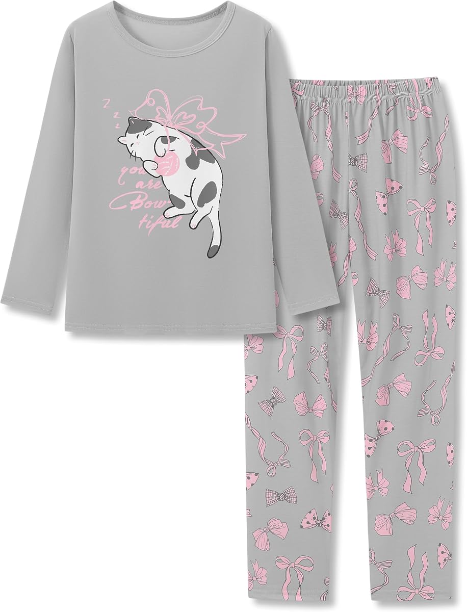 Tebbis Girls Long Sleeve Pants 2 Piece Trendy Print Pajama Set Size 6-18 | Lightweight Breathable Fabric, Trendy Printed Jammies for Little, Big Girls & Women, Ideal for Lounging, Sleeping, Holiday
