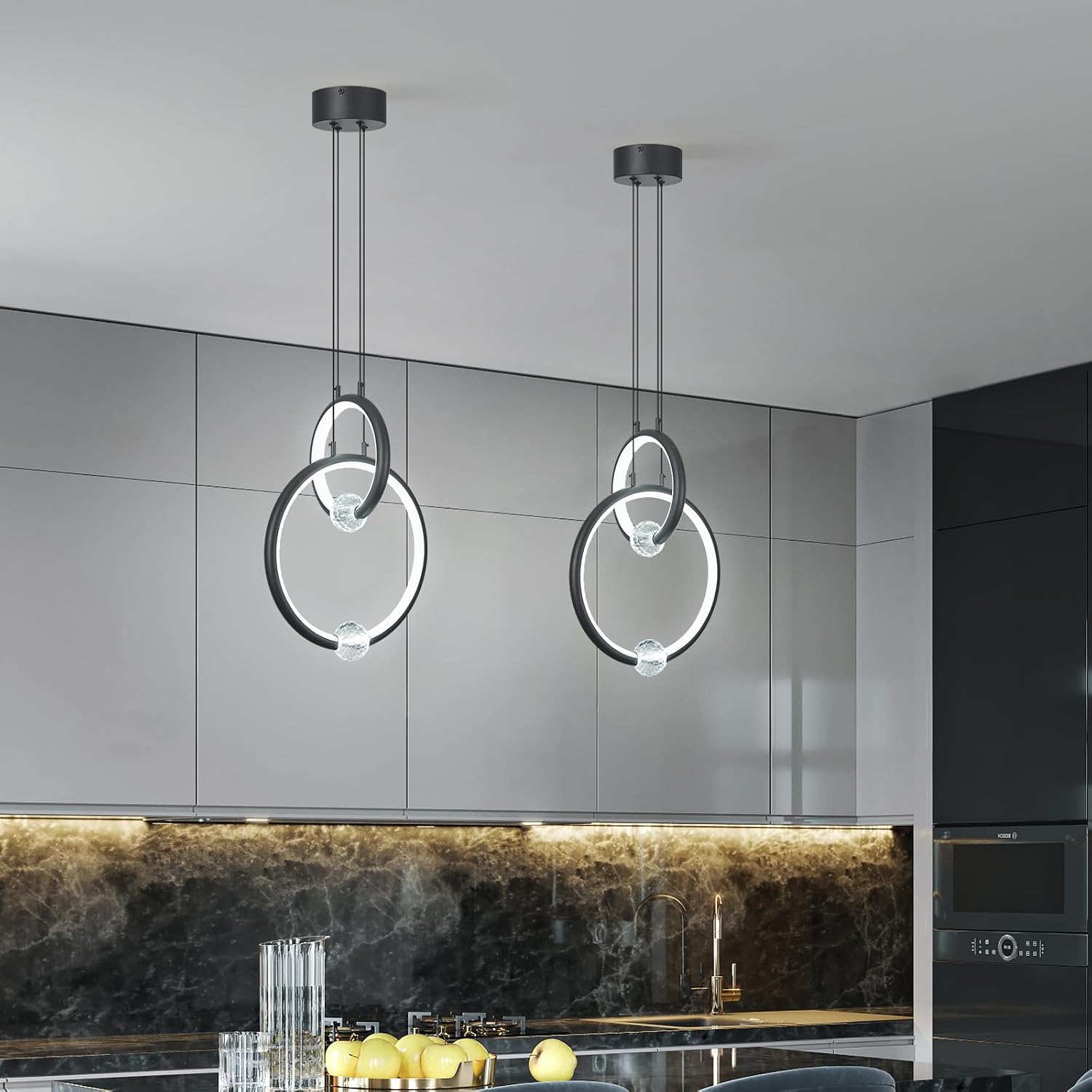 Modern LED Chandelier 2 Ring Black Pendant Light Fixture,Dimmable Pendant Lighting 6000K,Adjustable Height Ceiling Hanging Light for Kitchen Island Dining Room Bedroom(11.8in+8.6in 2-Pack)