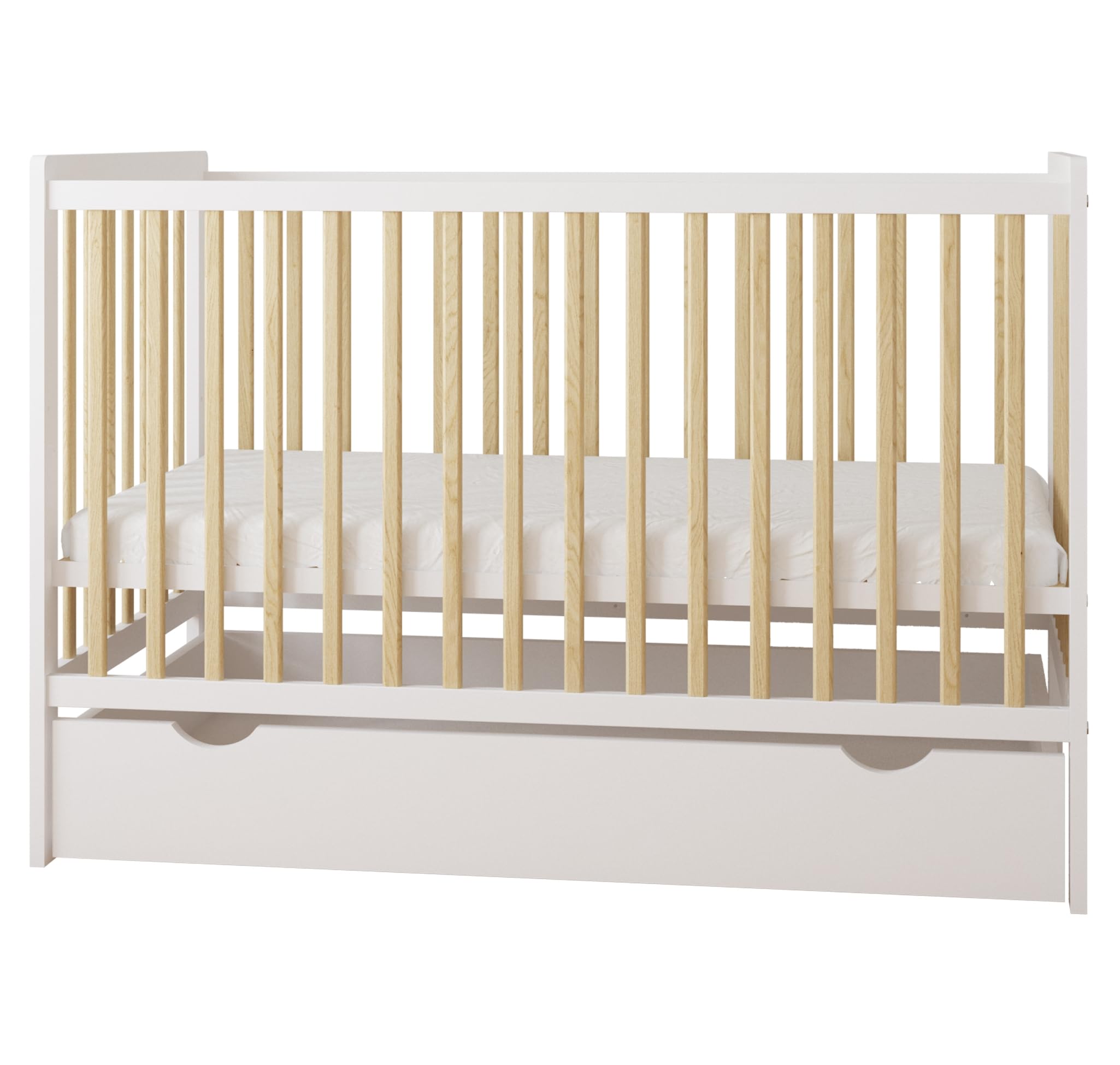 zee Cuna Bebé LUMI 120x60 cm 2 en 1 con Colchón Convertible en Cama Infantil Blanco Natural con Cajón y Barandilla Seguridad Madera de Pino Altura Regulable