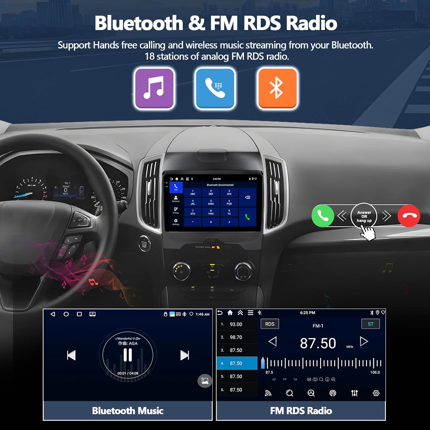 CAMECHO 4+64GB Car Radio Stereo for Ford Edge 2015 2016 2017 2018, 9" Incell 1280 * 720 Touch Screen Head Unit with Android 15 CarPlay Android Auto GPS Navigation Bluetooth FM RDS Backup Camera