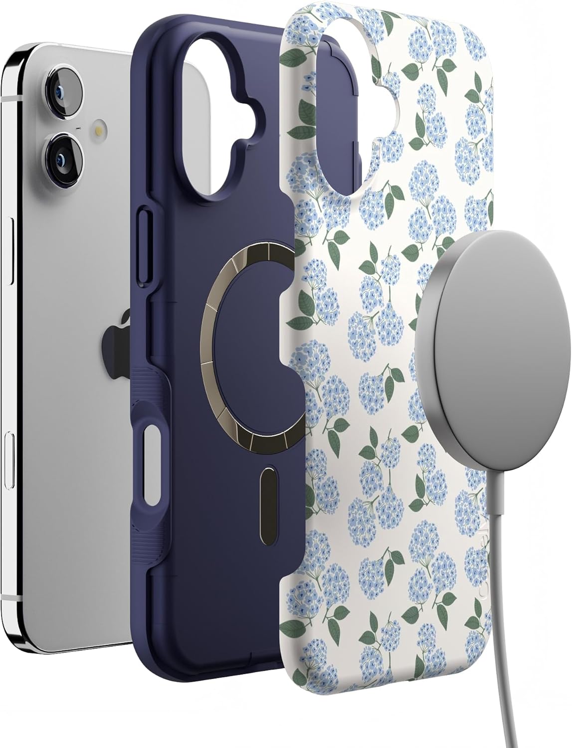 Casely iPhone 16 Plus Case | Nantucket Cottage | Blue Hydrangea | Bold Protective Design | Compatible with MagSafe
