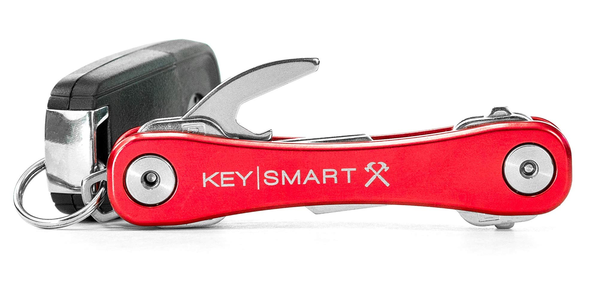 KeySmart Rugged - Multitool Key Holder for Keychain w/Bottle Opener and Pocket Clip, Key Organizer for Key Chain, EDC Keychains, Key Ring for Car Fobs Key Chains, Expandable (Up to 14 Keys, Red)